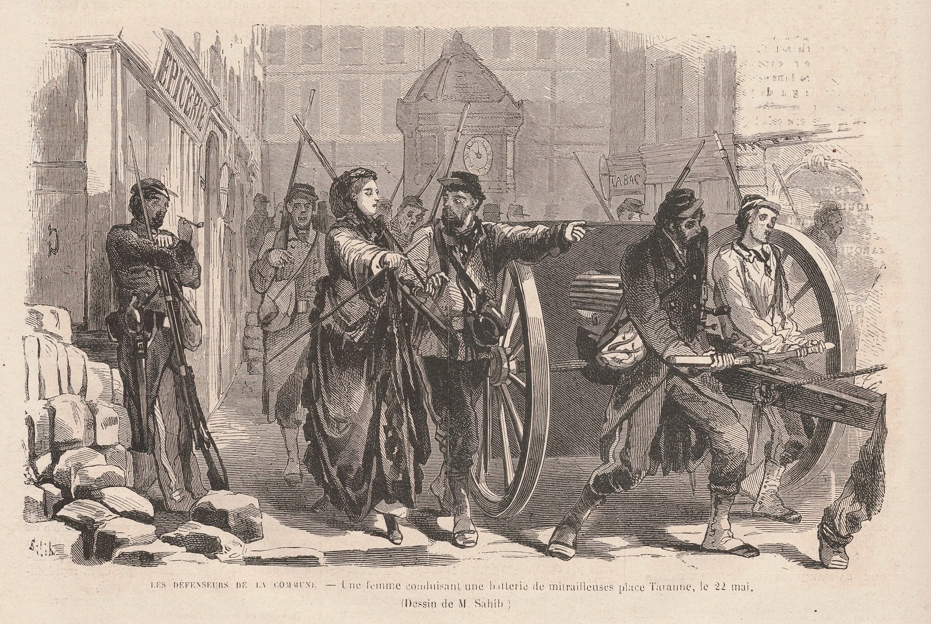 22 mai 1871 - Femme conduisant une mitrailleuse place Turenne - Dessin de Sahib (Le Monde Illustré du 17 juin 1871)