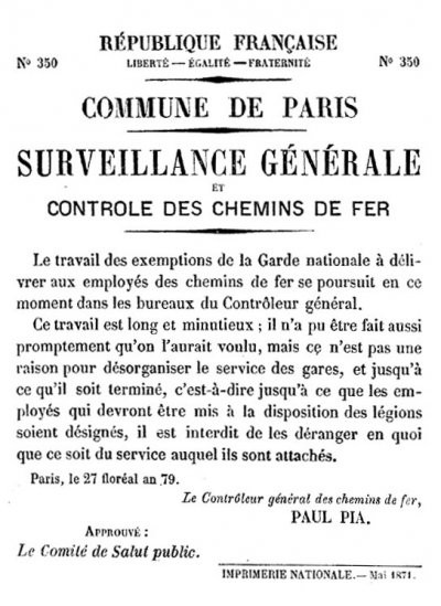 Affiche de la Commune de Paris N° 350 du 27 floréal an 79 (17 mai 1871) - Paul Pia (Source : placard.ficedl.info)