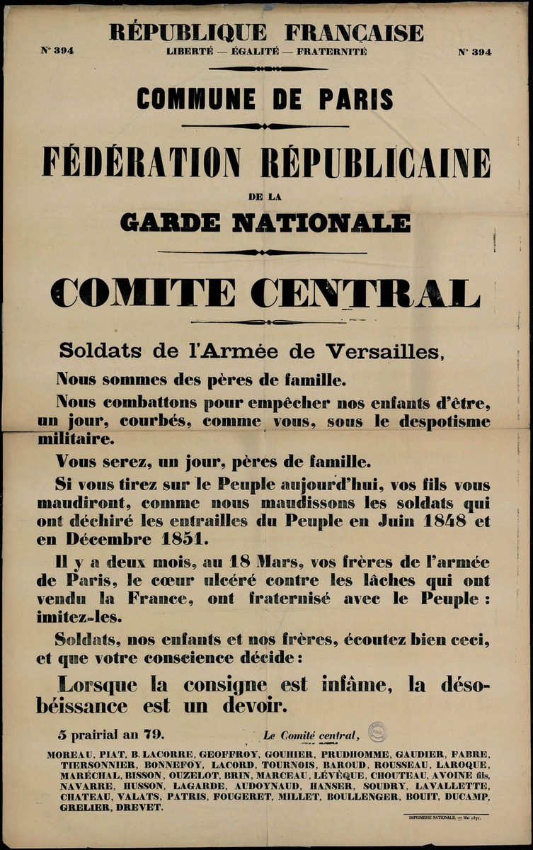 Affiche de la Commune de Paris N° 394 du 5 prairial an 79 (25 mai 1871) - Aux soldats de Versailles (Source : argonnaute.parisnanterre.fr)