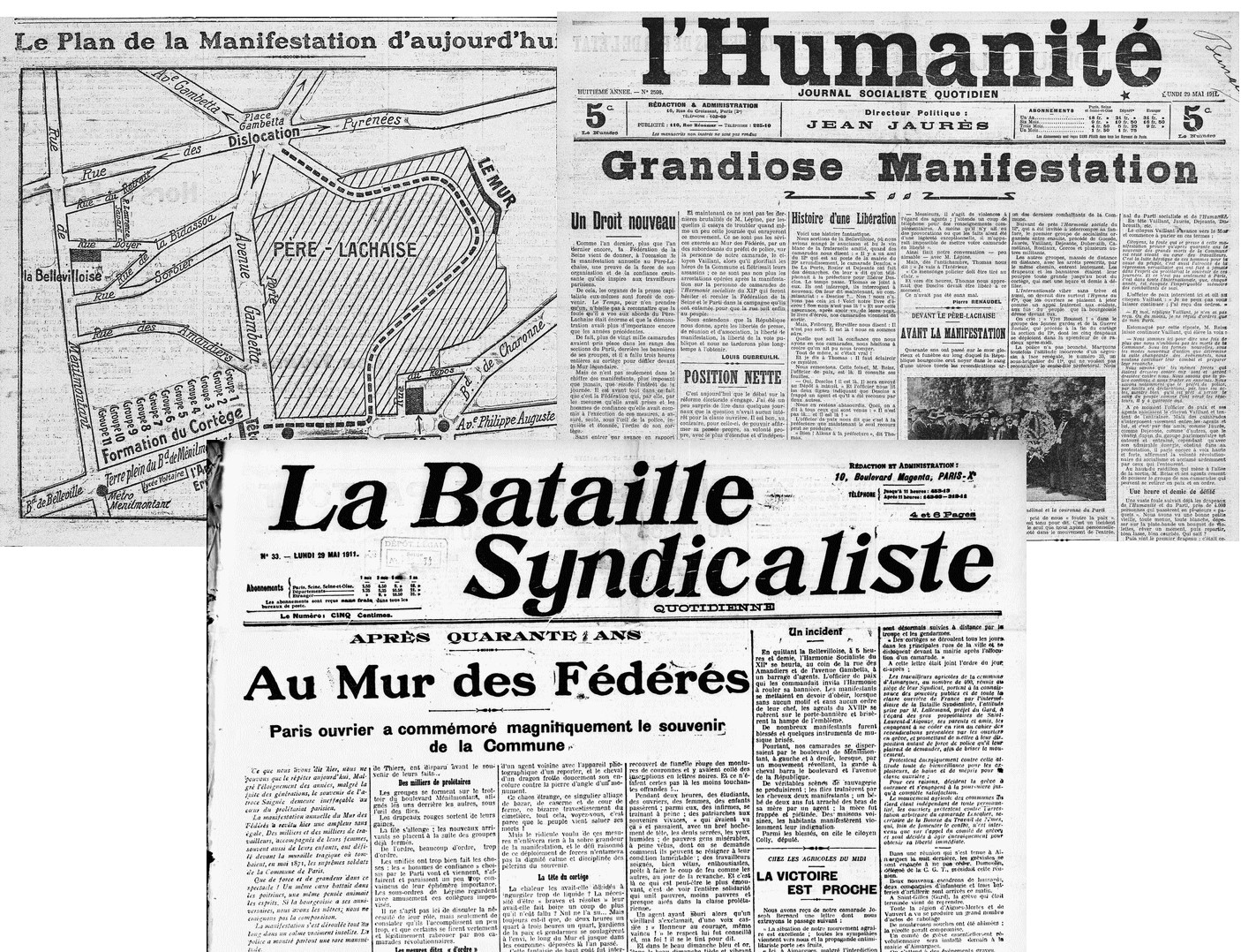 1911 - La presse "rouge" appelle à la "montée au Mur". (Source Gallica - L'Humanité du 28 et 29 mai 1911 et Bataille syndicaliste du 29 mai 1911)