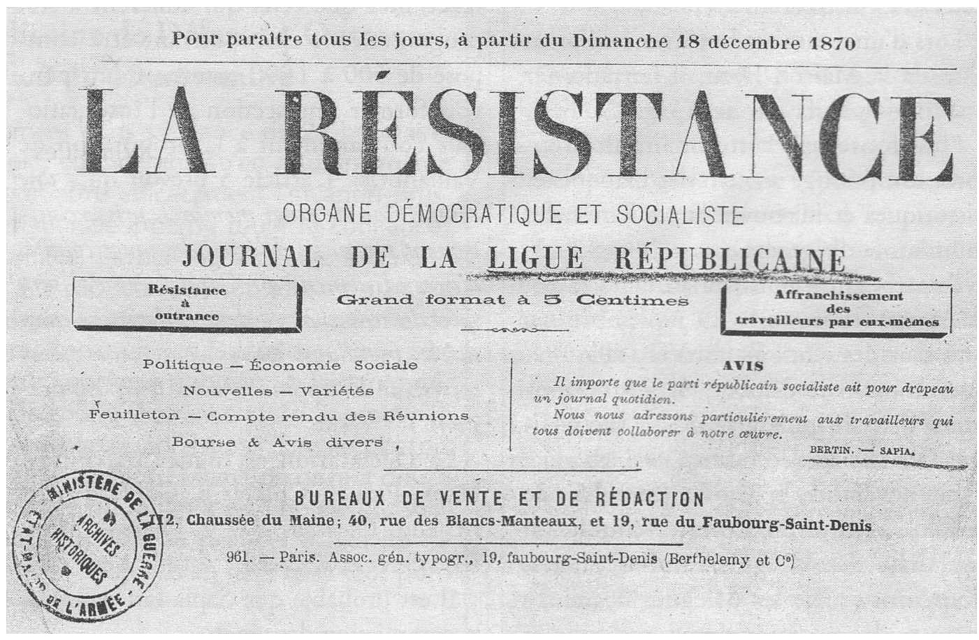 "La Résistance". Journal de la Ligue Républicaine de défense à outrance.