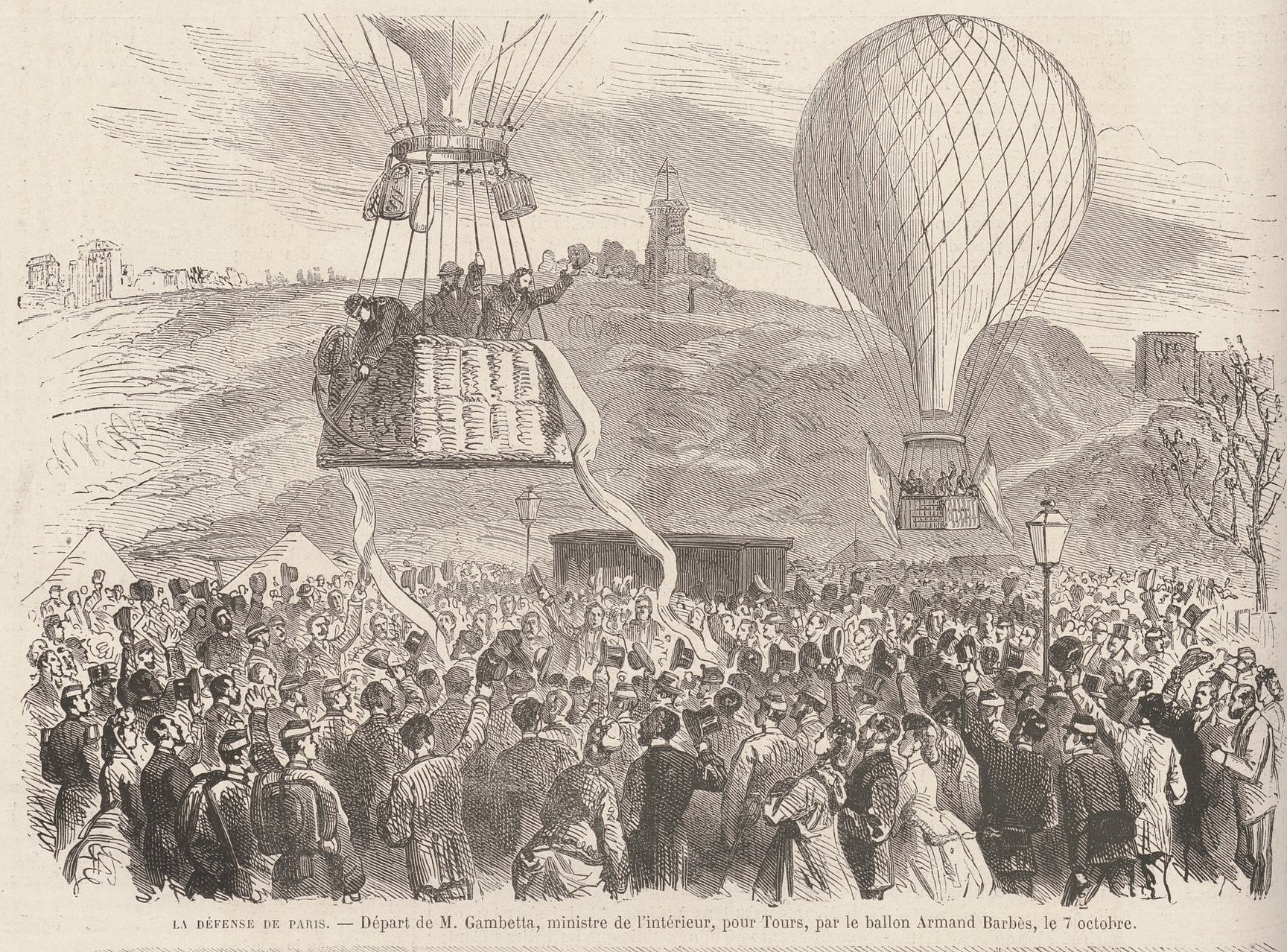 Le 7 octobre, départ en ballon-poste de Gambetta, ministre de l'Intérieur. (Le Monde Illustré du 15 octobre 1870)