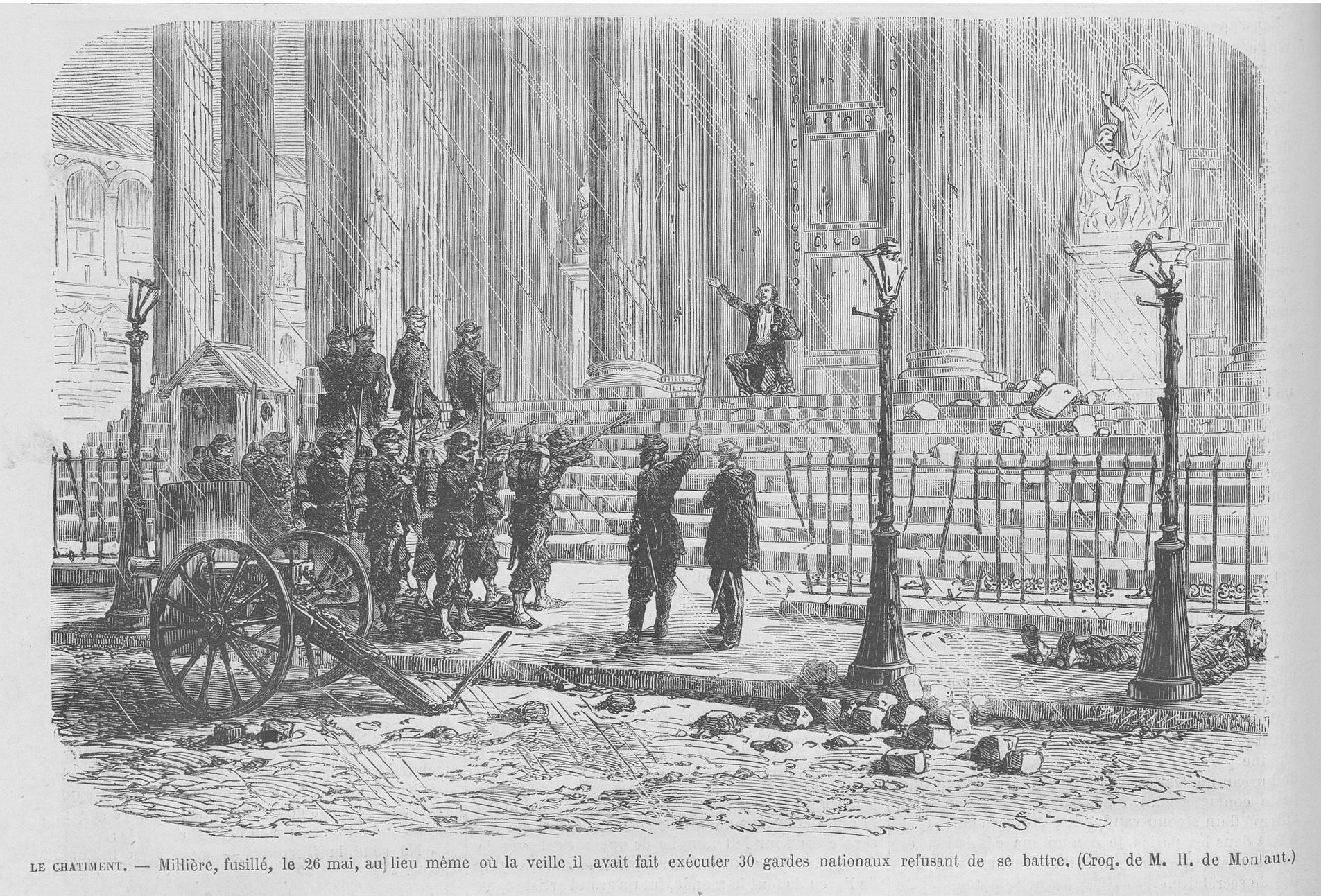 Assassinat de Millière par la troupe versaillaise, le 26 mai 1871, sur les marches du Panthéon à Paris Vème (dessin de H. de Montaut)