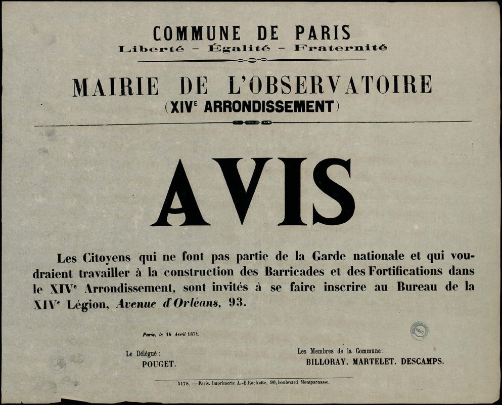 Affiche de la Commune de Paris du 14 avril 1871 - Paris XIV, construction de barricades (source : La Contemporaine – Nanterre / argonnaute.parisnanterre.fr)