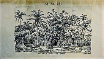 Jules Patey, Île des Pins. Case royale et forteresse à Gadji (lithographie, 1877) Musée d’art et d’histoire – Saint-Denis. Cliché : Sdc