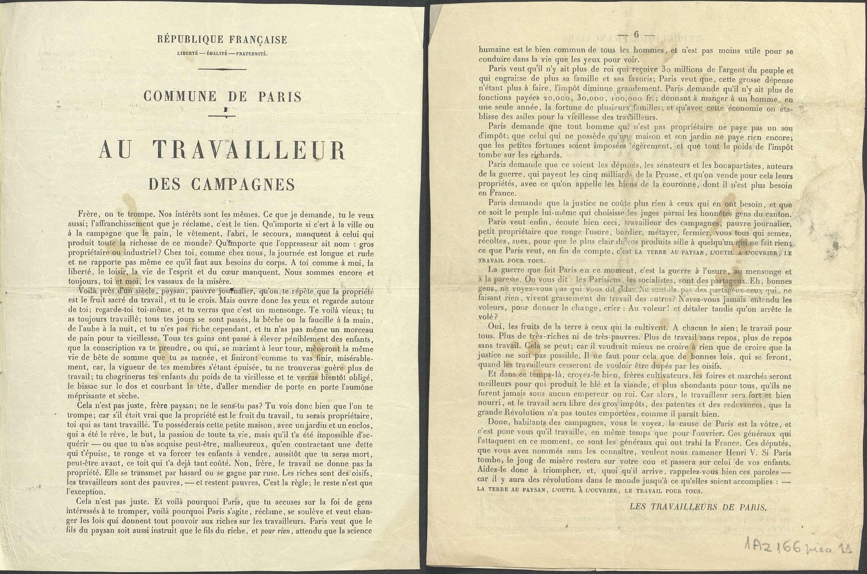 Appel d'André Léo. Il est paru dans La Commune le 10 avril 1871, a été repris dans La Sociale du 3 mai 1871  - Appel aux travailleurs des campagnes