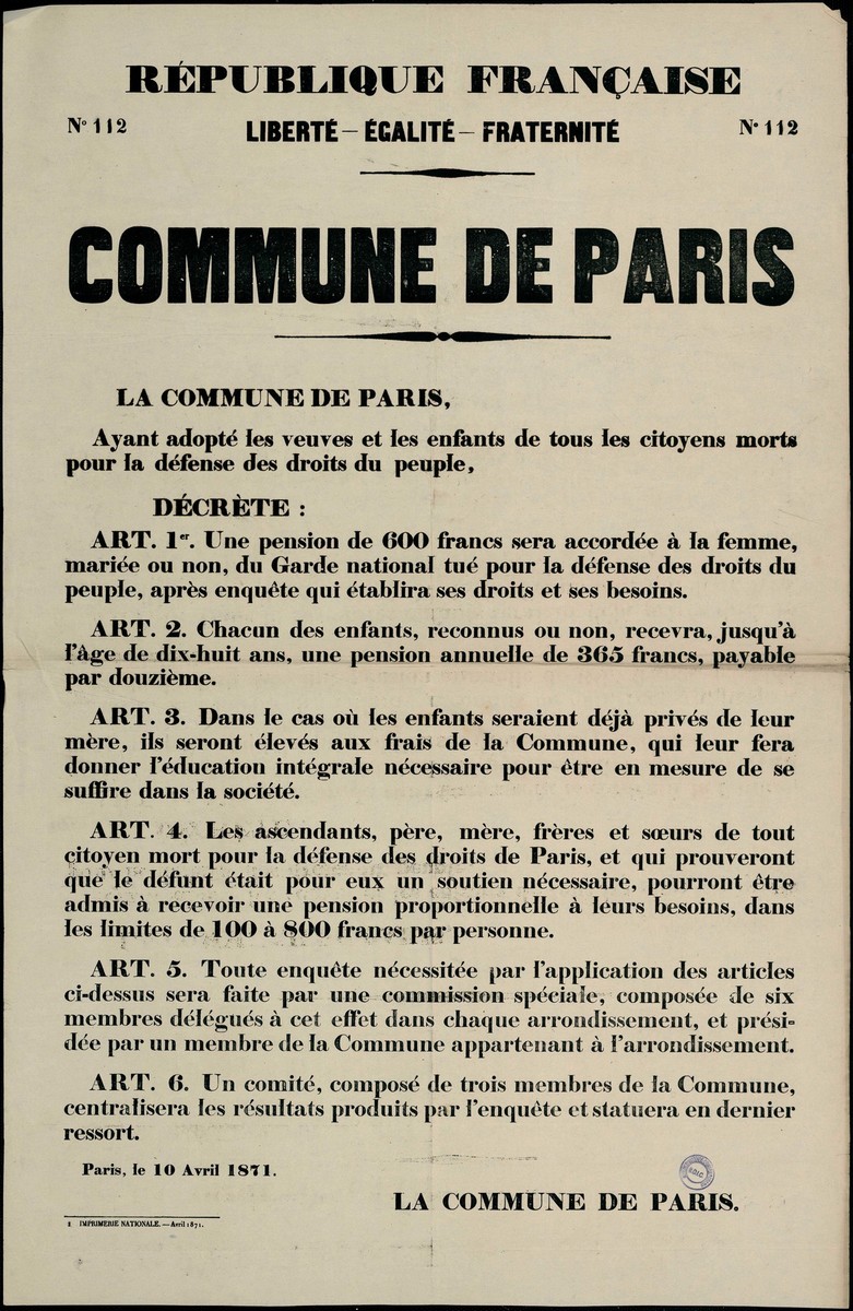 Affiche de la Commune n° 112 du 10 avril 1871 – Décret sur les pensions (source : La Contemporaine – Nanterre / argonnaute.parisnanterre.fr)