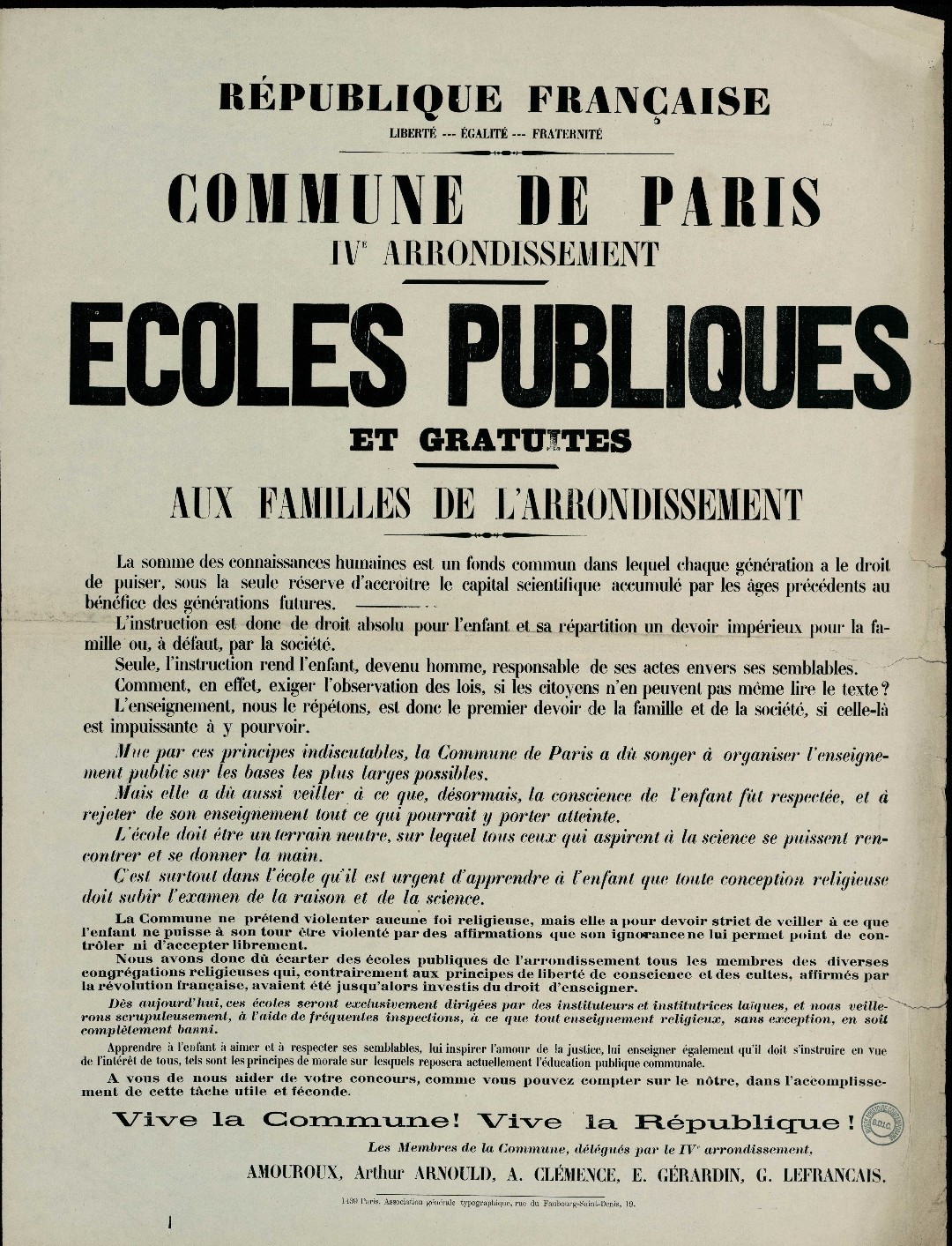 Affiche de la Commune de Paris du 12 mai 1871 - Paris VIIIème Ecole publique gratuite, Vaillant (Source : argonnaute.parisnanterre.fr)