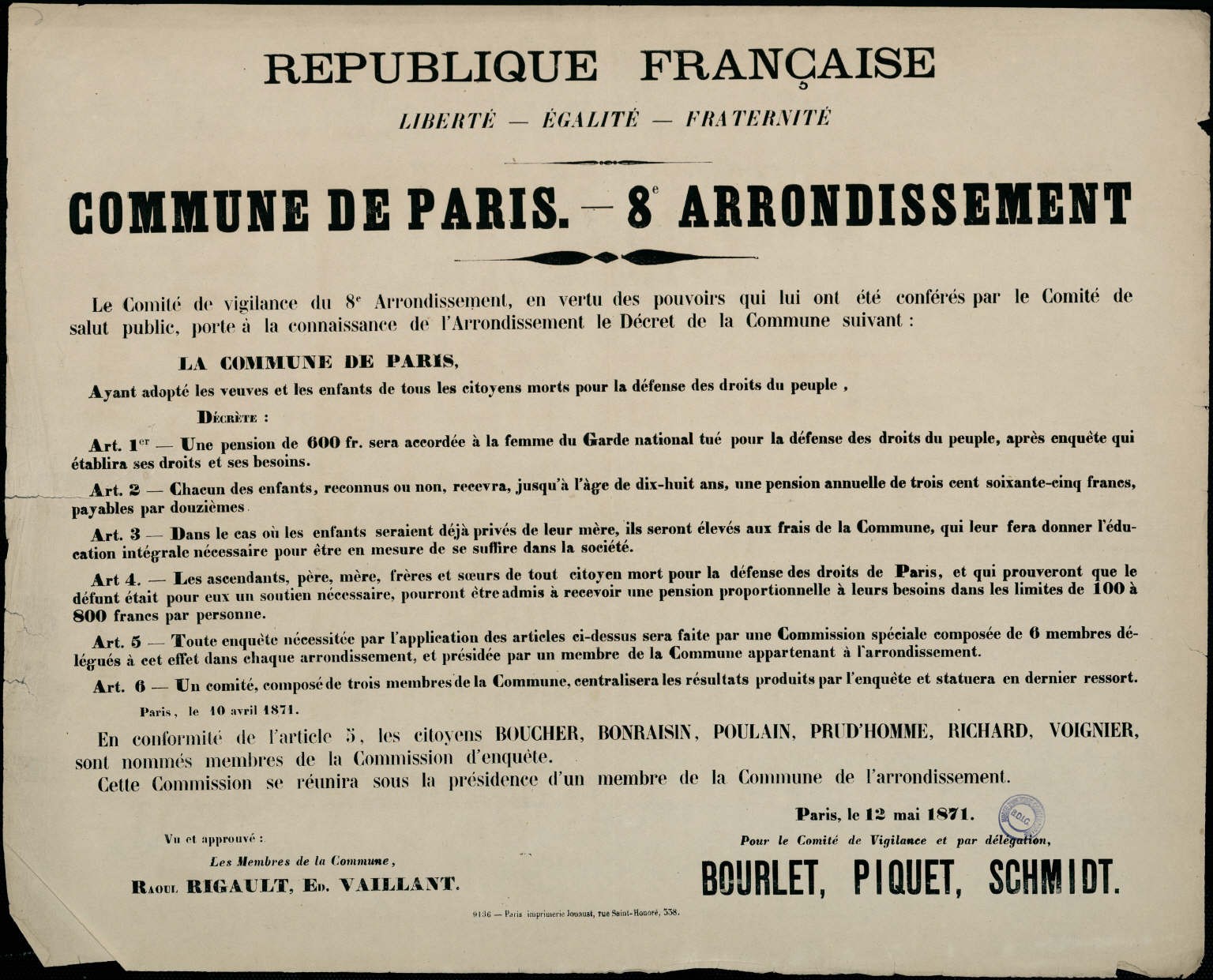 Affiche de la Commune de Paris du 12 mai 1871, VIIIe arrondissement (source : La Contemporaine – Nanterre / argonnaute.parisnanterre.fr)