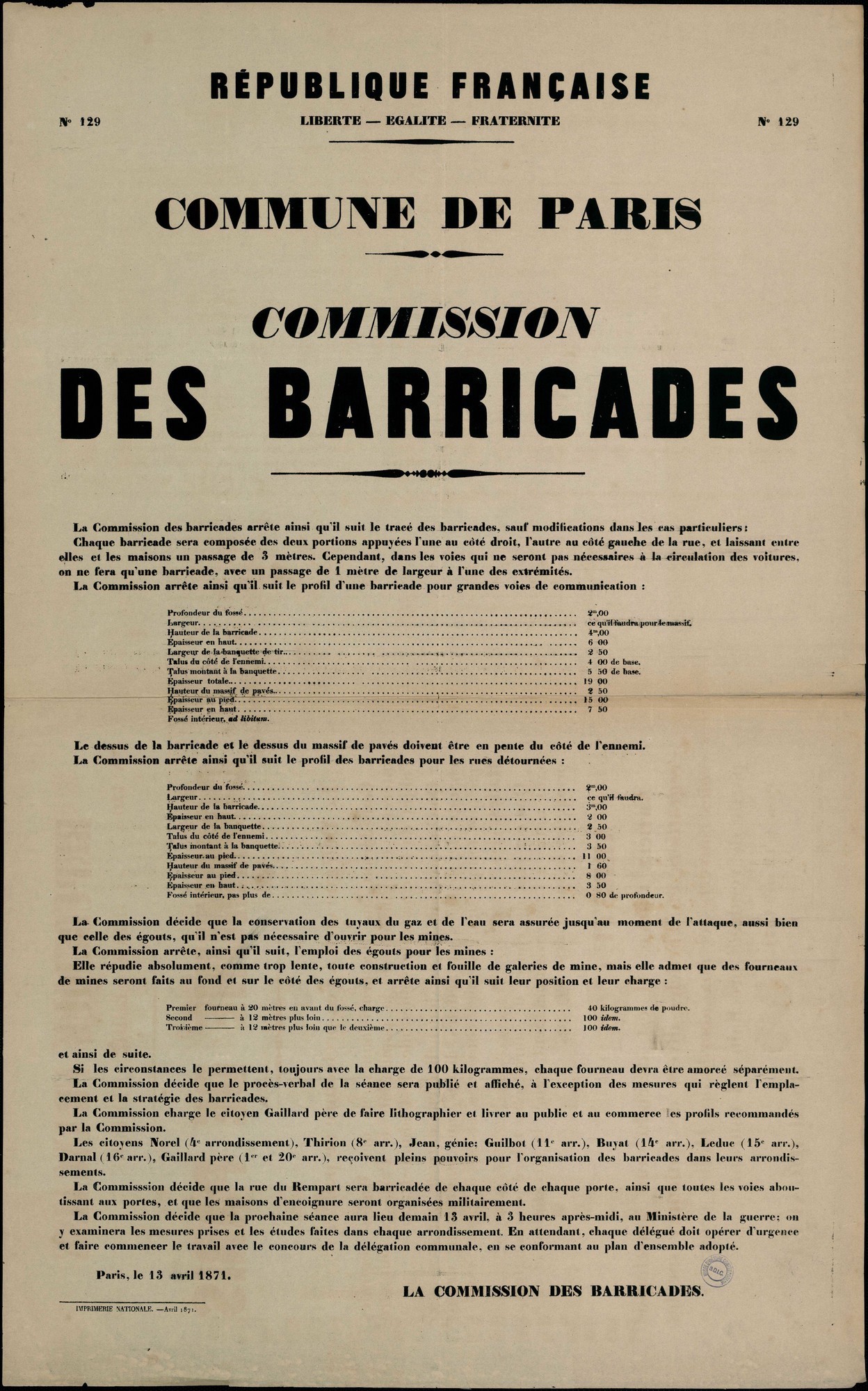 Affiche de la Commune de Paris N° 129 du 13 avril 1871 - Commission des barricades