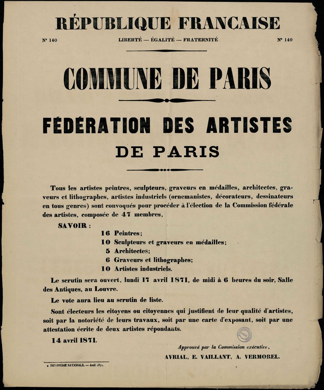 Affiche de la Commune de Paris N° 140 du 14 avril 1871 - Avrial, Vaillant et Vermorel - Fédération des Artistes (source : La Contemporaine – Nanterre / argonnaute.parisnanterre.fr)