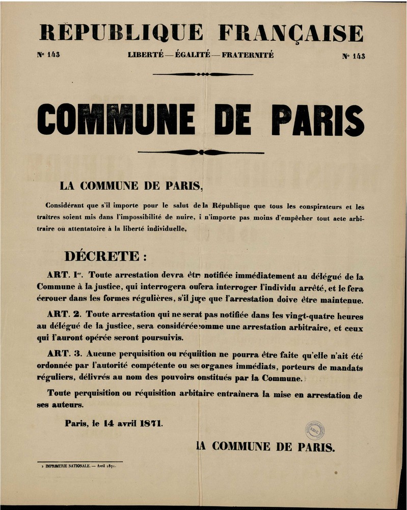 Affiche de la Commune de Paris N° 143 du 14 avril 1871 - Décret de la commission de la Sûreté générale (Source : argonnaute.parisnanterre.fr)