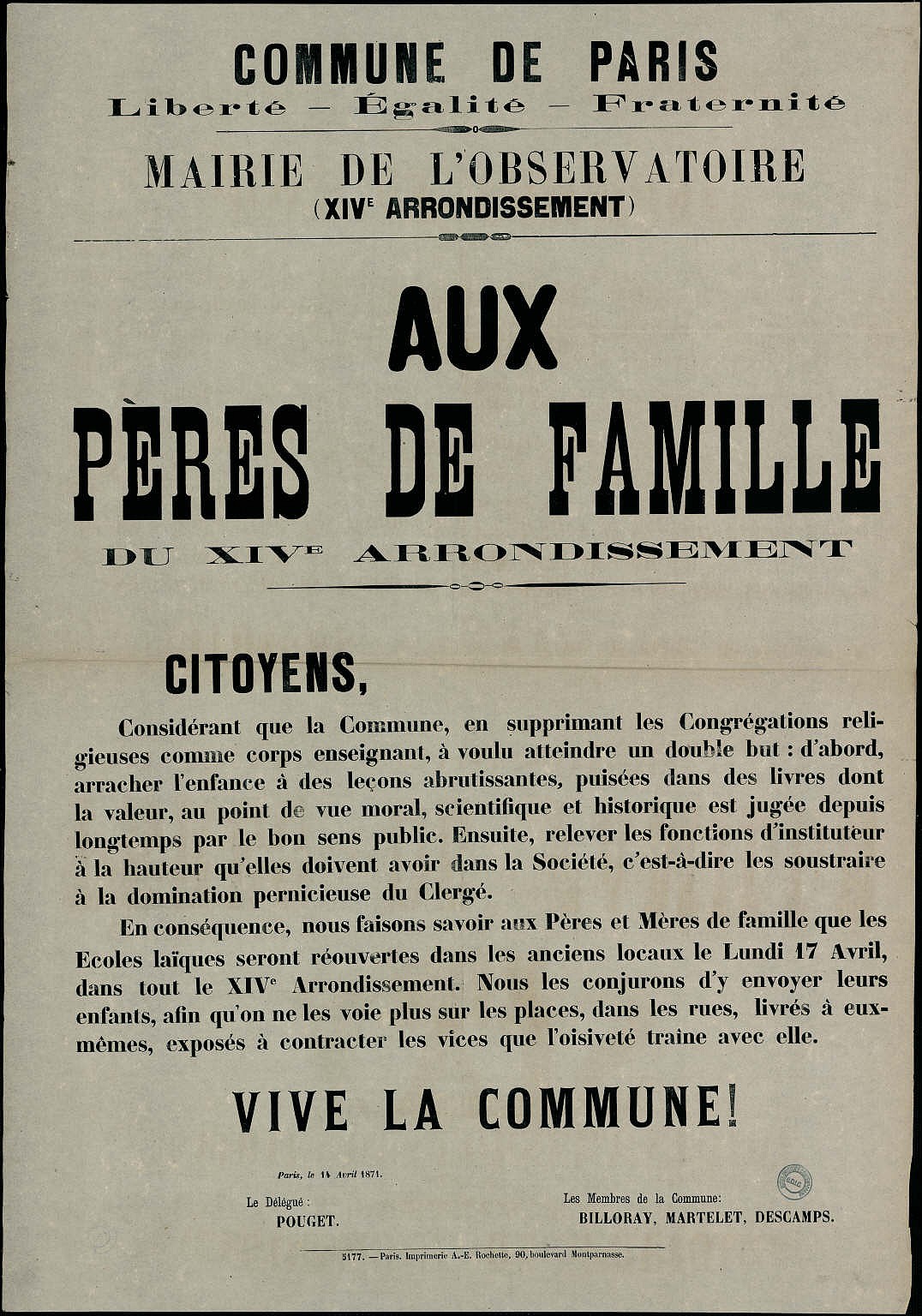 Affiche de la Commune du 14 avril 1871 - Paris 14ème Aux pères de famille (Source : argonnaute.parisnanterre.fr)