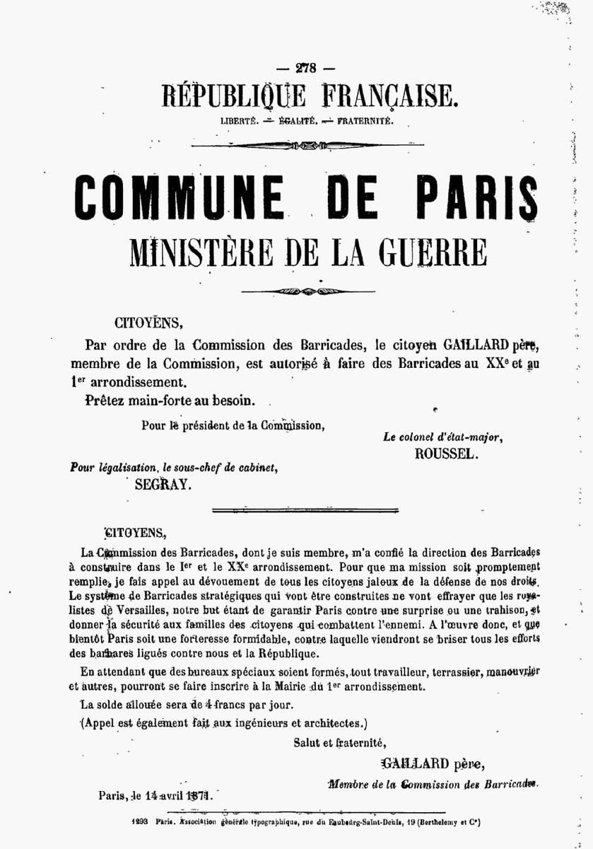Affiche de la Commune de Paris du 14 avril 1871 - AutorisatioIer à Gaillard père de construire des barricades dans le XXème et le Ier 