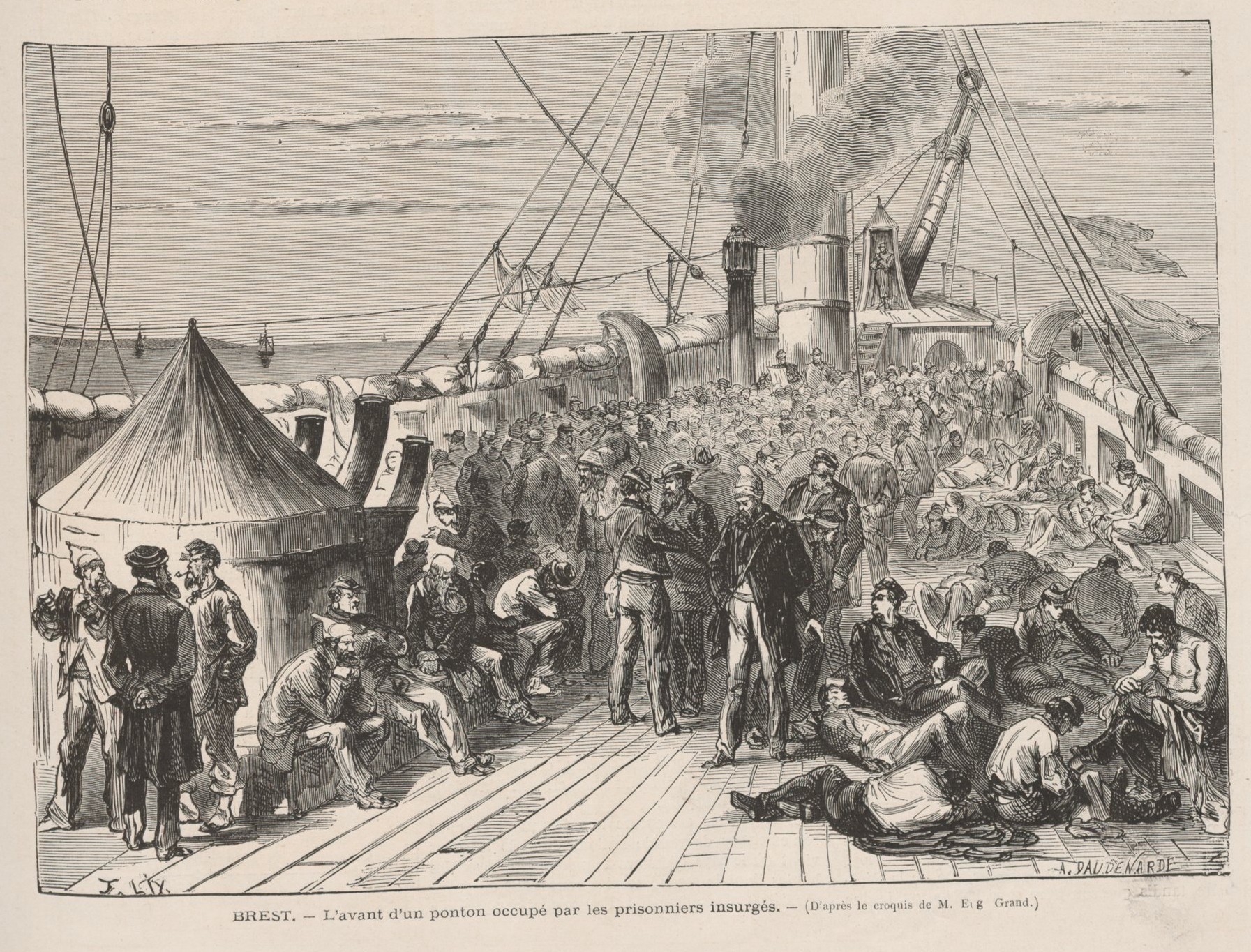 Ponton du Brest occupé par des prisonniers insurgés - Gravure de Lix d'après croquis de Grand (Collection Musée de l'Histoire Vivante - Montreuil)