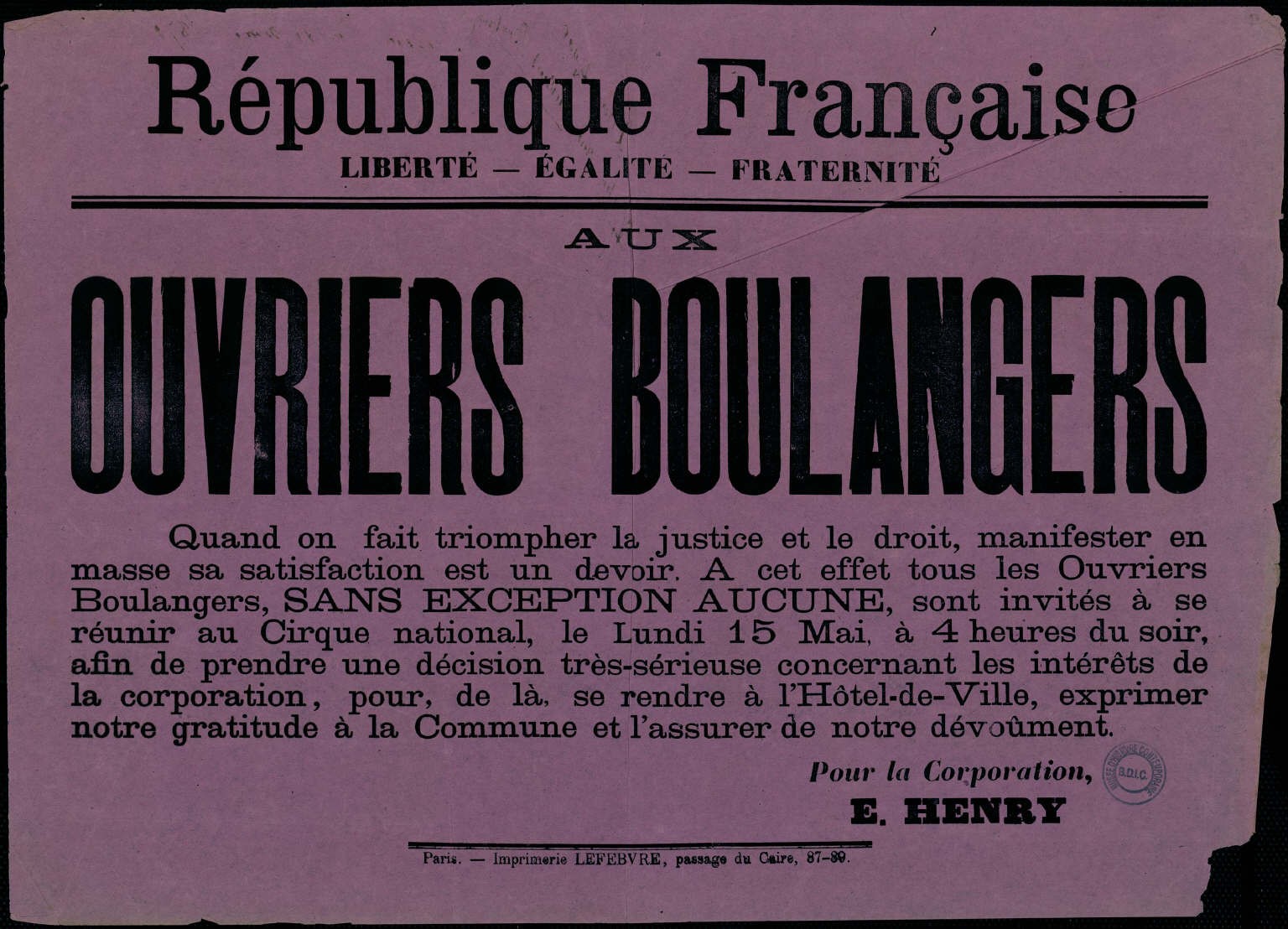 Affiche de la Commune vers le15 mai 1871 - Appel aux ouvriers-boulangers à manifester (Source : argonnaute.parisnanterre.fr)