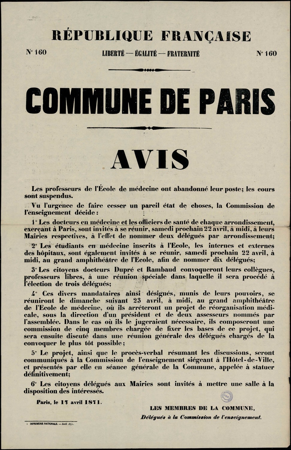 Affiche de la Commune N° 160 du 17 avril 1871 (Source BDIC)