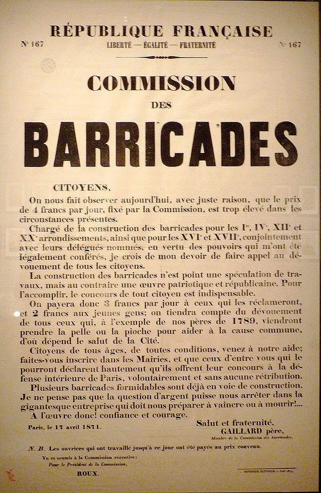 Affiche de la Commune de Paris N° 167 du 17 avril 1871 - Commission des barricades, Gaillard Père