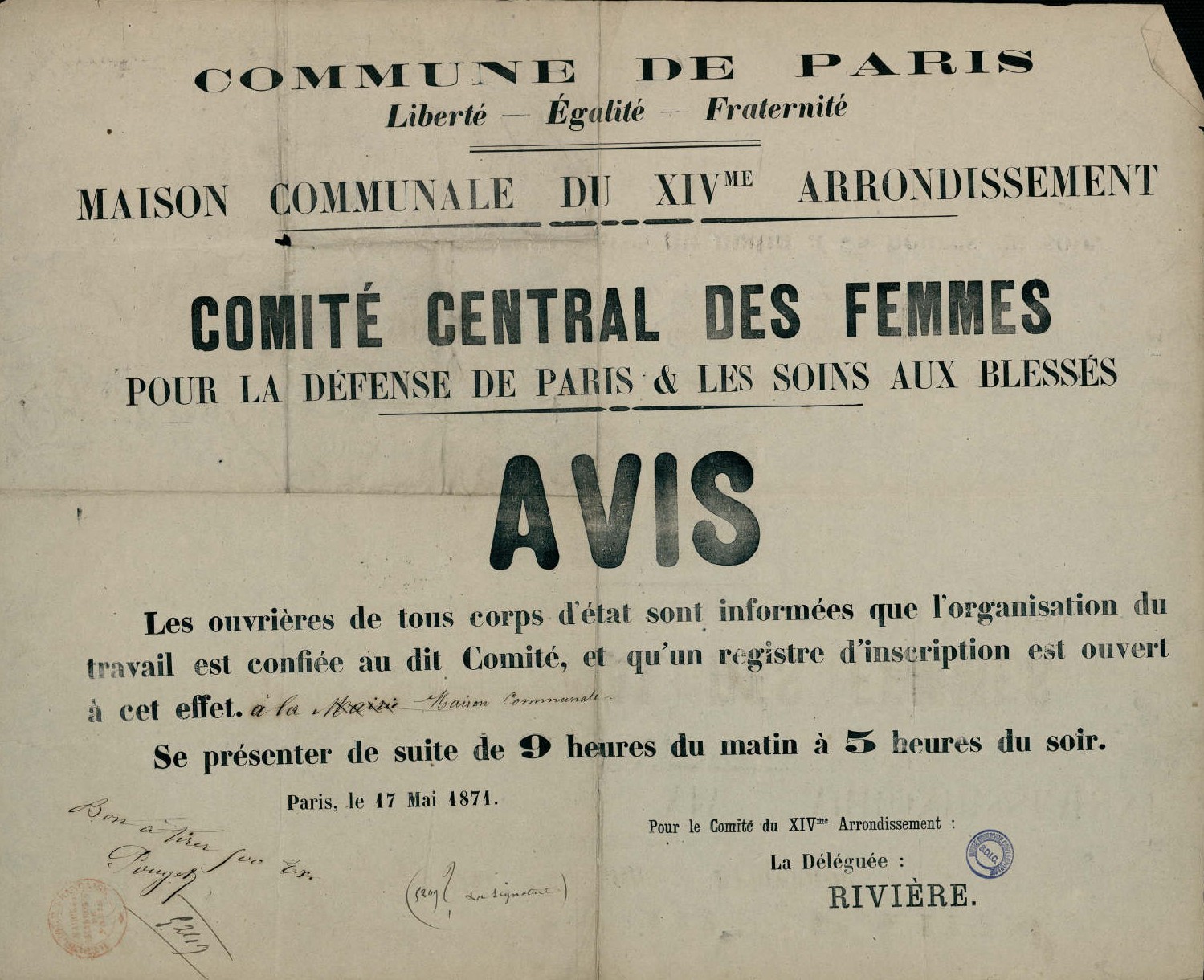 Affiche de la Commune de Paris du 17 mai 1871 - Comité central de l'Union des femmes de Paris 14ème (Source : argonnaute.parisnanterre.fr)