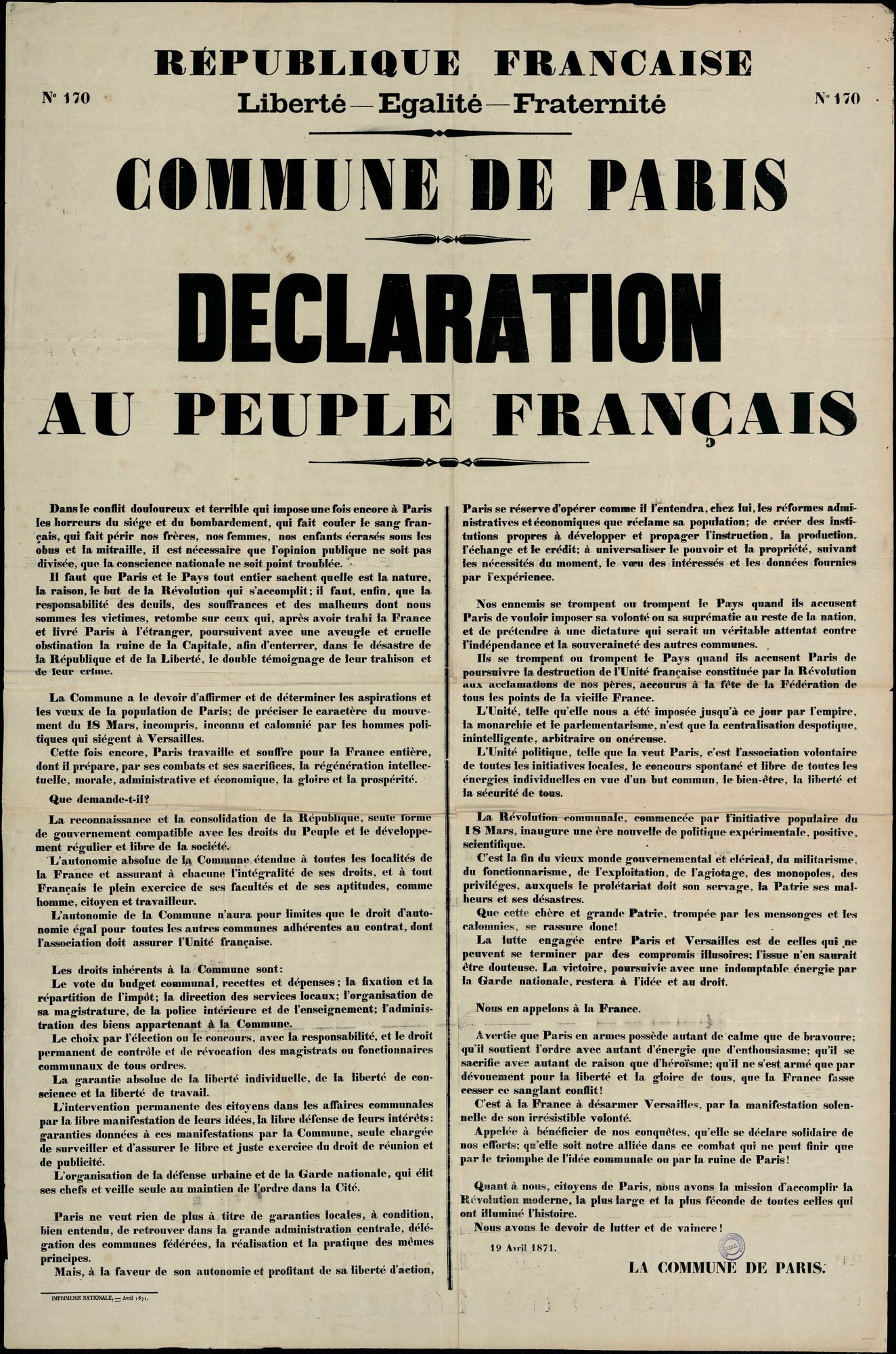 Affiche de la Commune de Paris N° 170 du 19 avril 1871 - Déclaration au Peuple Français