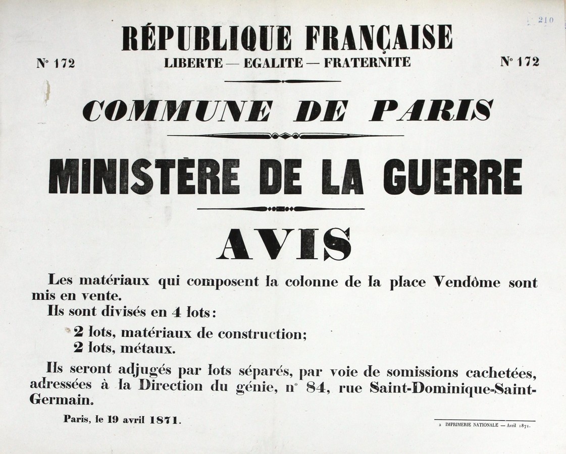 Affiche de la Commune de Paris N° 172 du 19 avril 1871 - Mise en vente des matériaux provenant de la colonne Vendôme (Source : argonnaute.parisnanterre.fr)