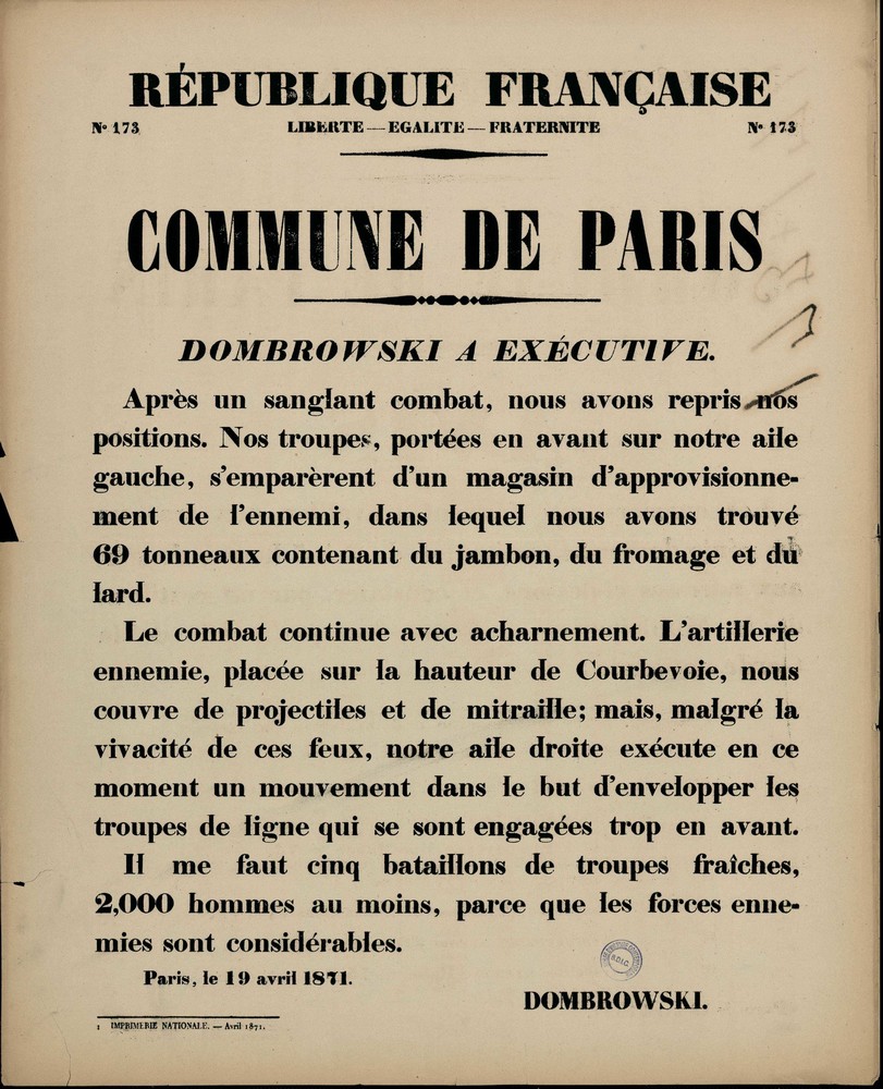 Affiche de la Commune de Paris N° 173 du 19 avril 1871 - Dombrowski (Source : argonnaute.parisnanterre.fr)