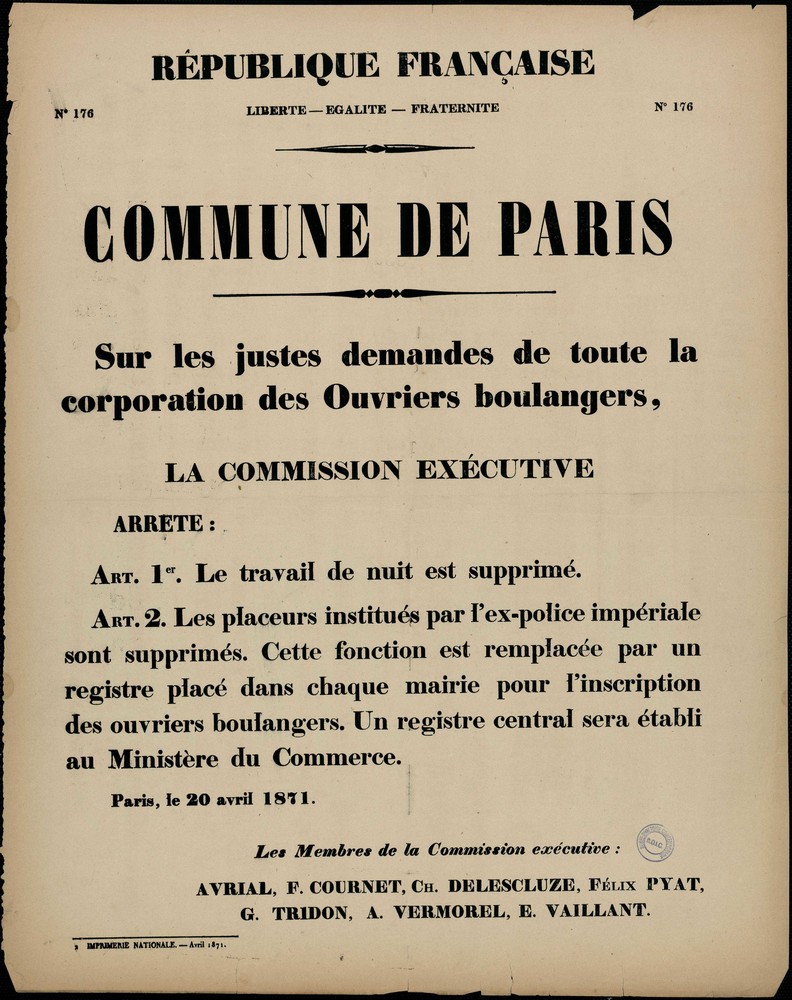 Affiche de la Commune de Paris n° 176 du 20 avril 1871 concernant la fin du travail de nuit pour les ouvriers boulangers (source : La Contemporaine – Nanterre / argonnaute.parisnanterre.fr)