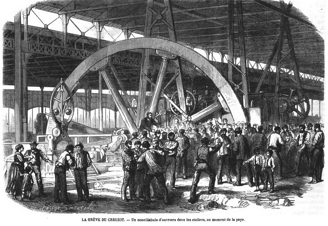 Réunion des ouvriers dans une usine du Creusot en 1870 - L'Illustration N°1414 du 2 avril 1870