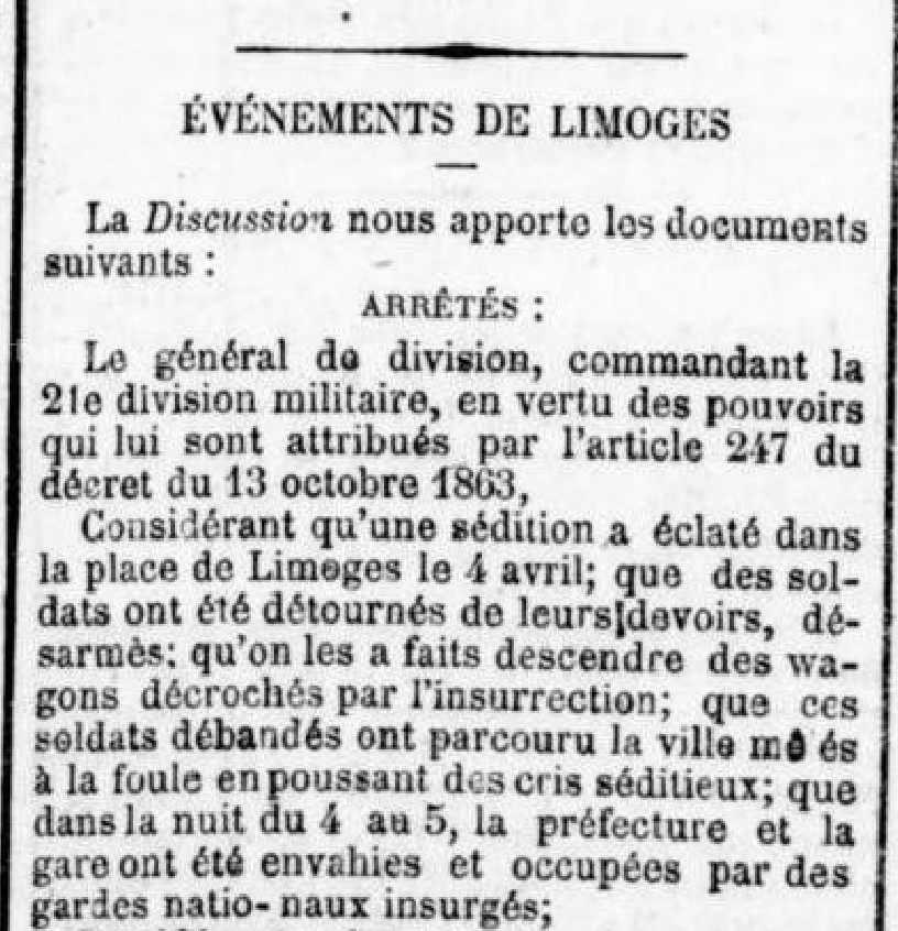 Les évènements de Limoges, article dans Courier de Limoges du 10 avril 1871 (Gallica/BNF)