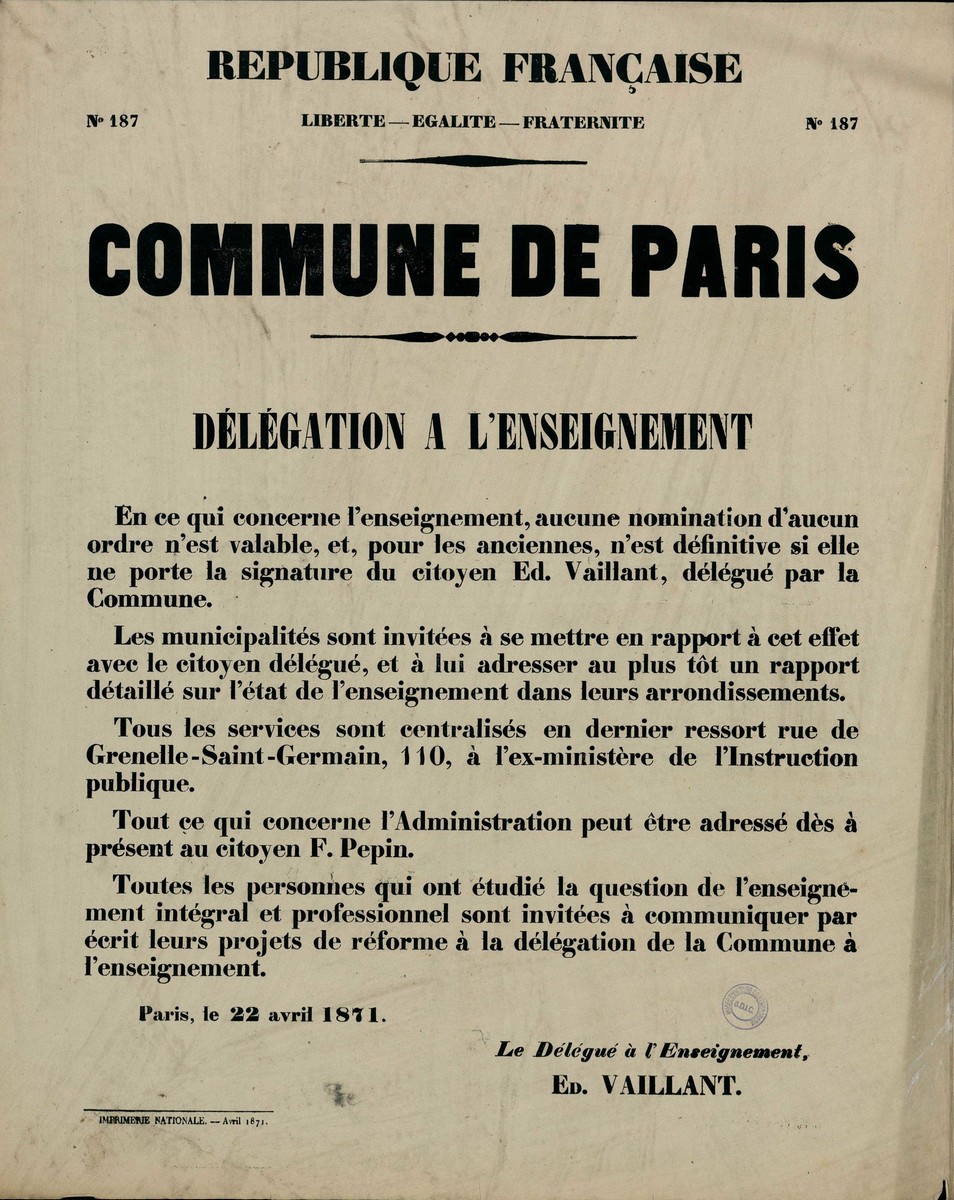 Affiche de la Commune N° 187 du 22 avril 1871 de la Délégation à l'Enseignement - Vaillant