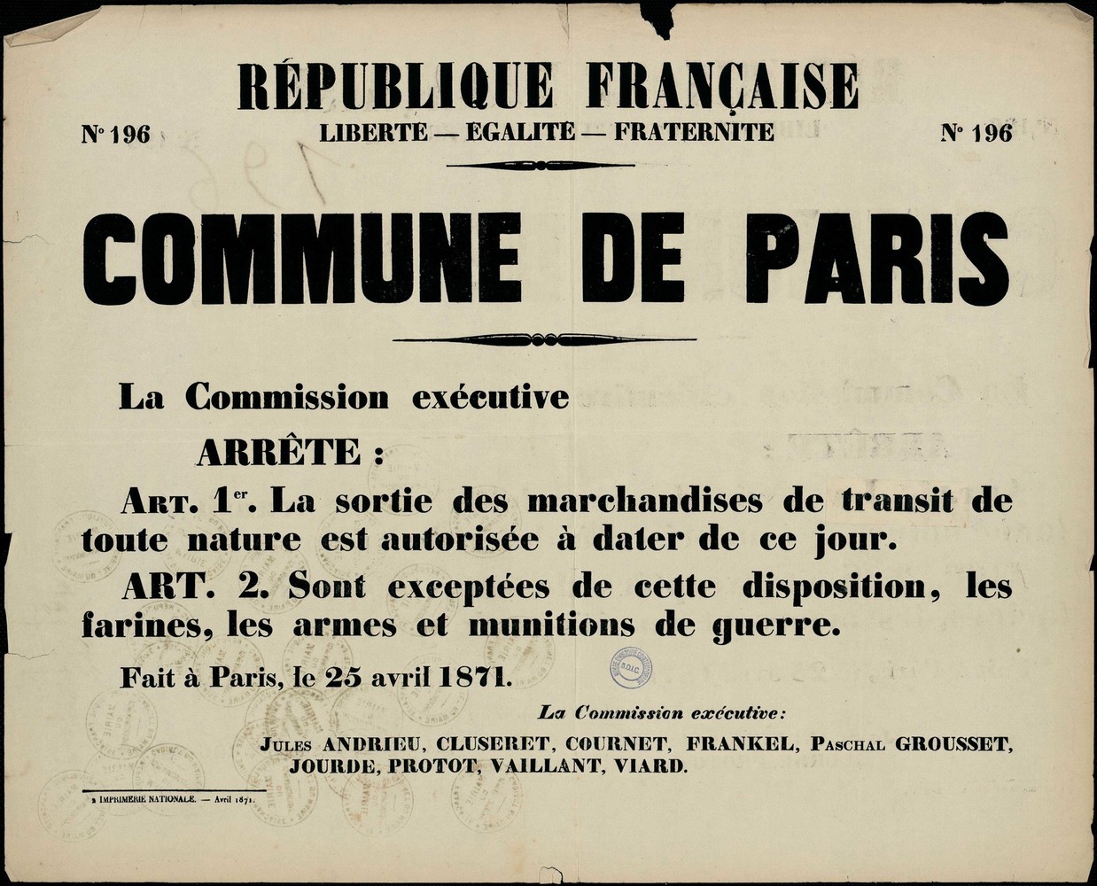 Affiche de la Commune de Paris N° 196 du 25 avril 1871 (source : La Contemporaine – Nanterre / argonnaute.parisnanterre.fr)