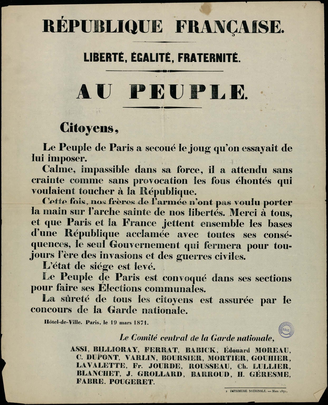 Affiche du 19 mars 1871 - Le Comité central de la Garde nationale au peupla (source : La Contemporaine – Nanterre / argonnaute.parisnanterre.fr))