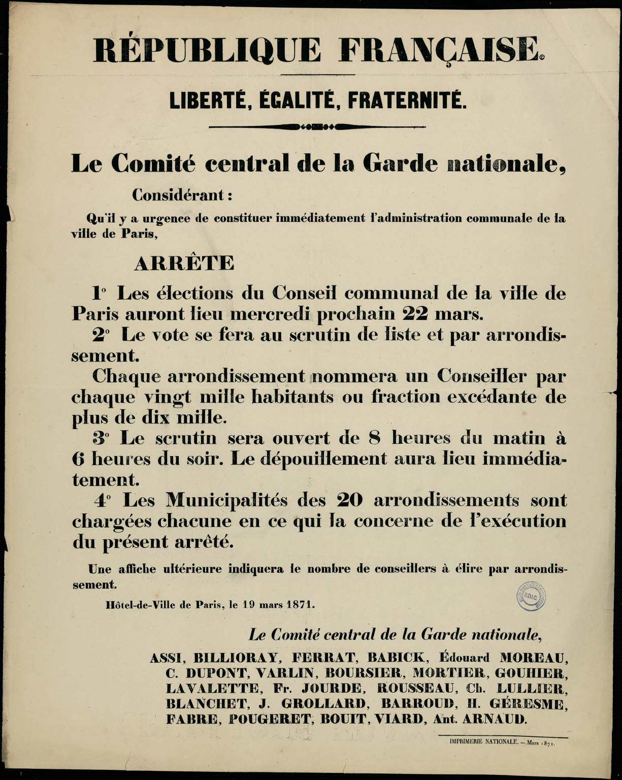 Affiche du 19 mars 1871 - Le Comité centran de la Garde nationale arrête la date des élections municipales (source : La Contemporaine – Nanterre / argonnaute.parisnanterre.fr)