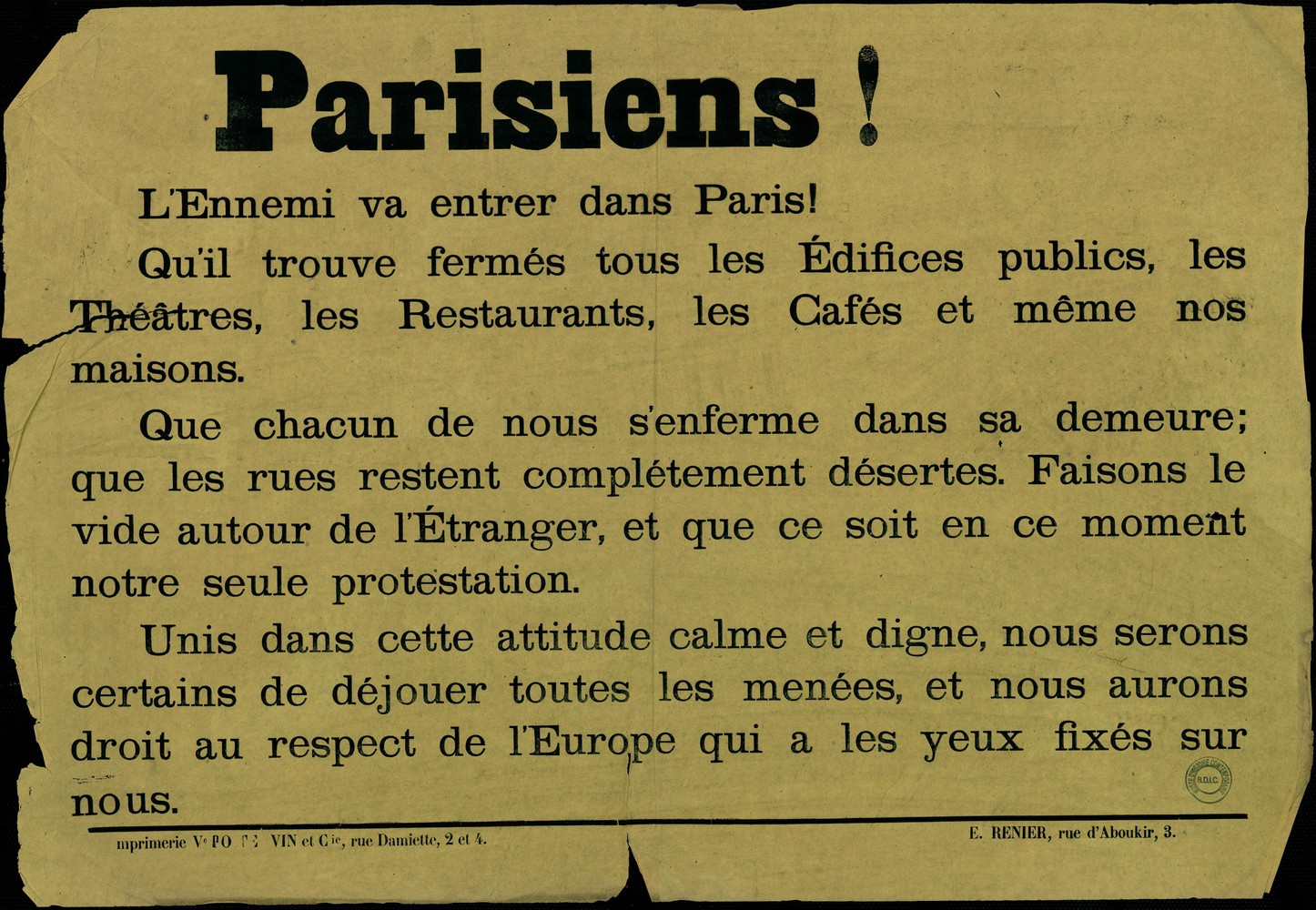 Affiche du 1er mars 1871 - Aux Parisiens "L'Ennemi va entrer dans Paris" (source : La Contemporaine – Nanterre / argonnaute.parisnanterre.fr)