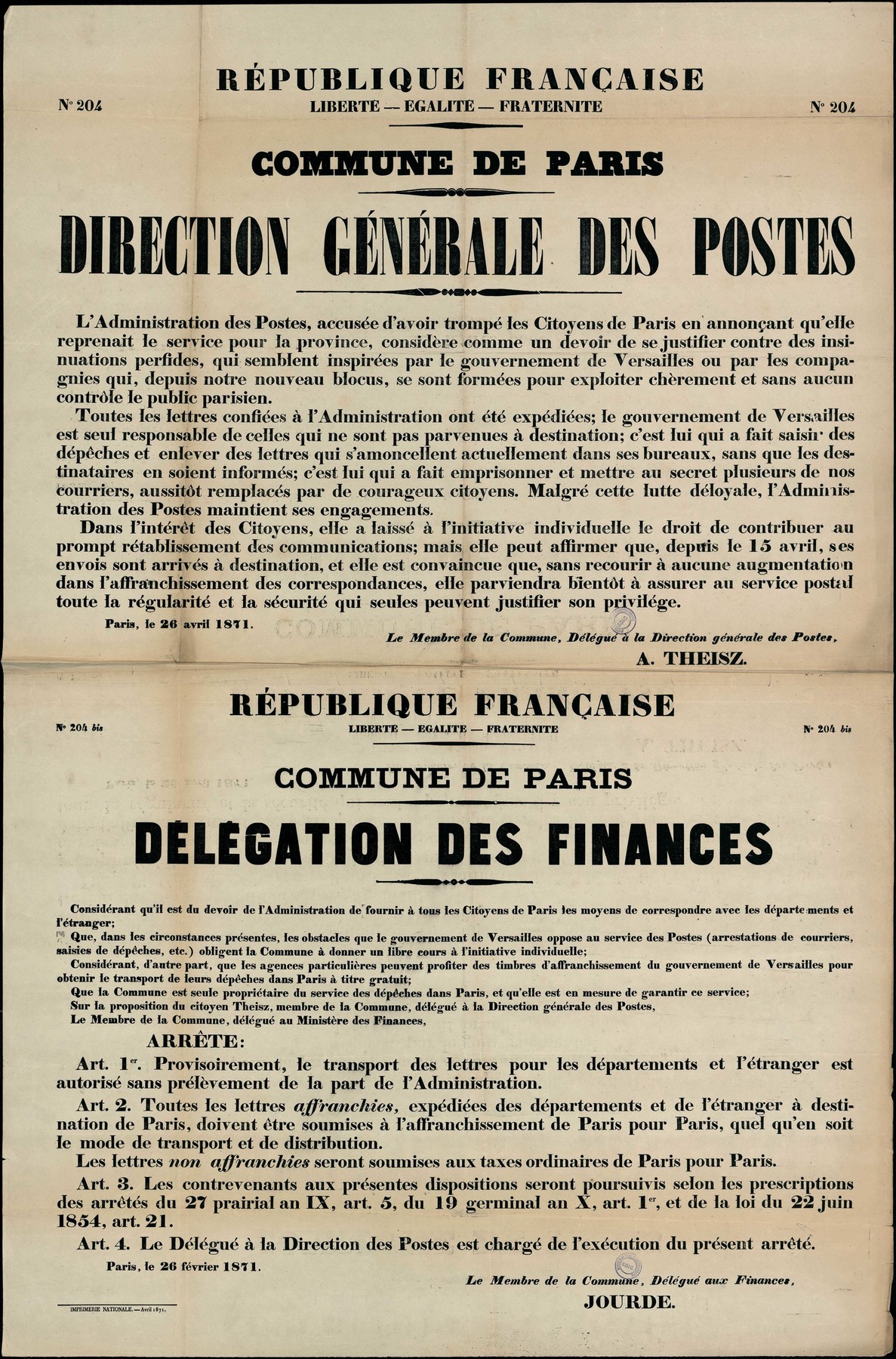 Affiche de la Commune de Paris N° 204 et 204 bis du 26 avril 1871 signée l'une par Theisz et l'autre par Jourde