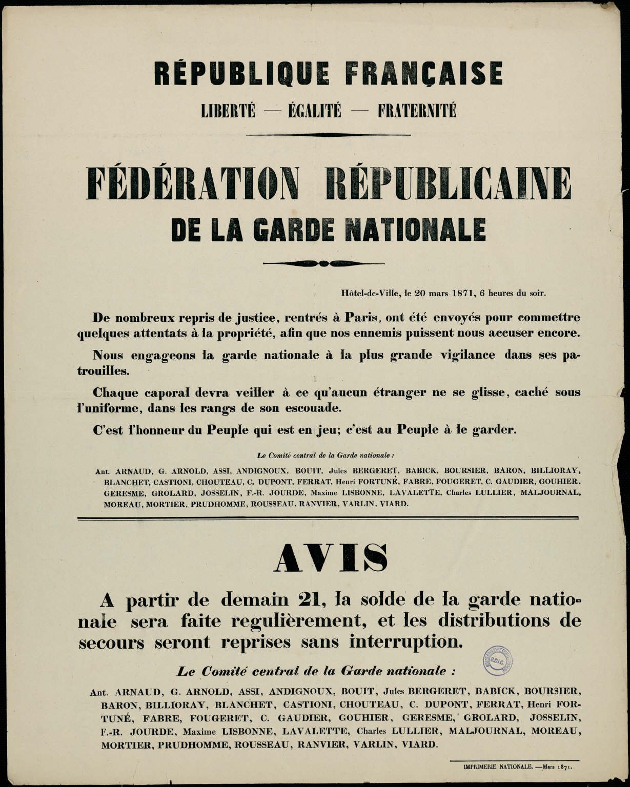 Affiche du 20 mars 1871 - Fédération républicaine de la Garde nationale et le Comité central ((source : La Contemporaine – Nanterre / argonnaute.parisnanterre.fr)