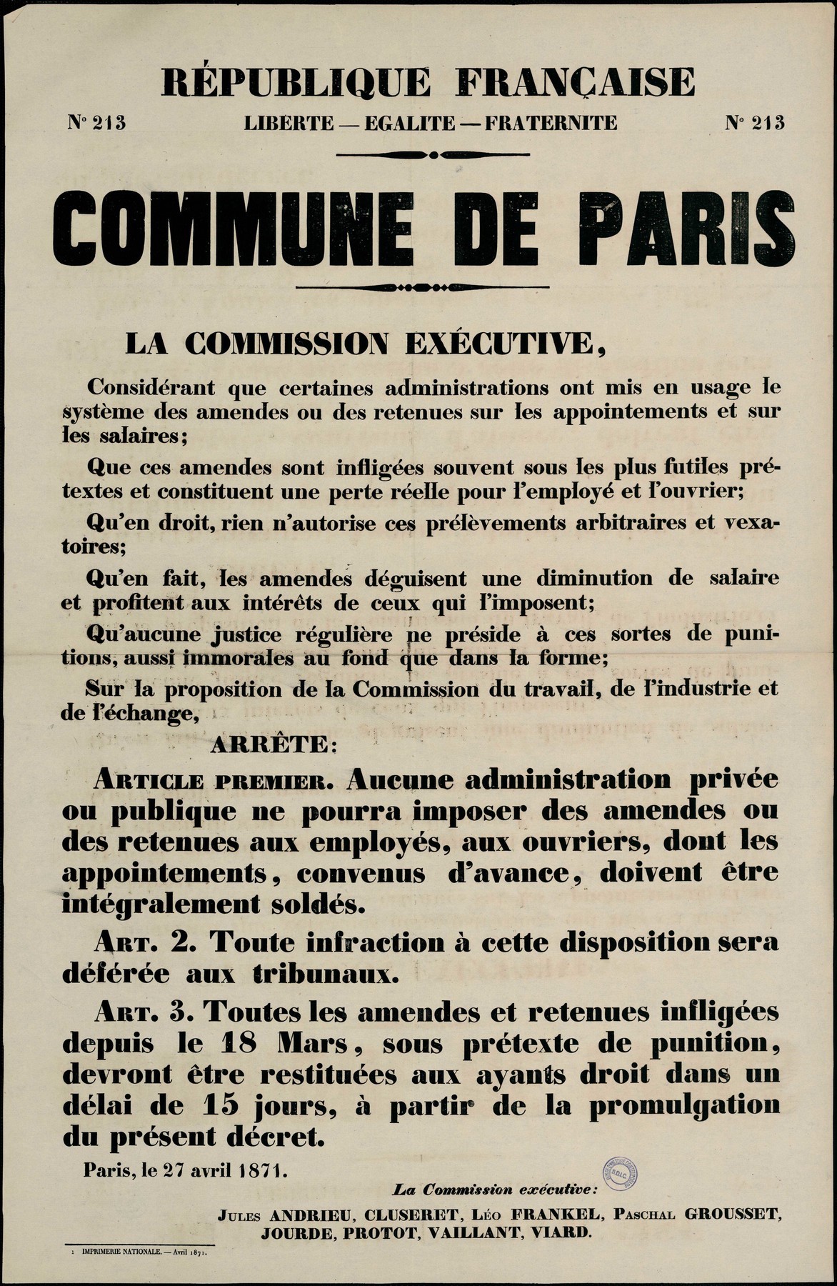 Affiche de la Commune de Paris N° 213 du 27 avril 1871 - Commission exécutive de la Commune (source : La Contemporaine – Nanterre / argonnaute.parisnanterre.fr)