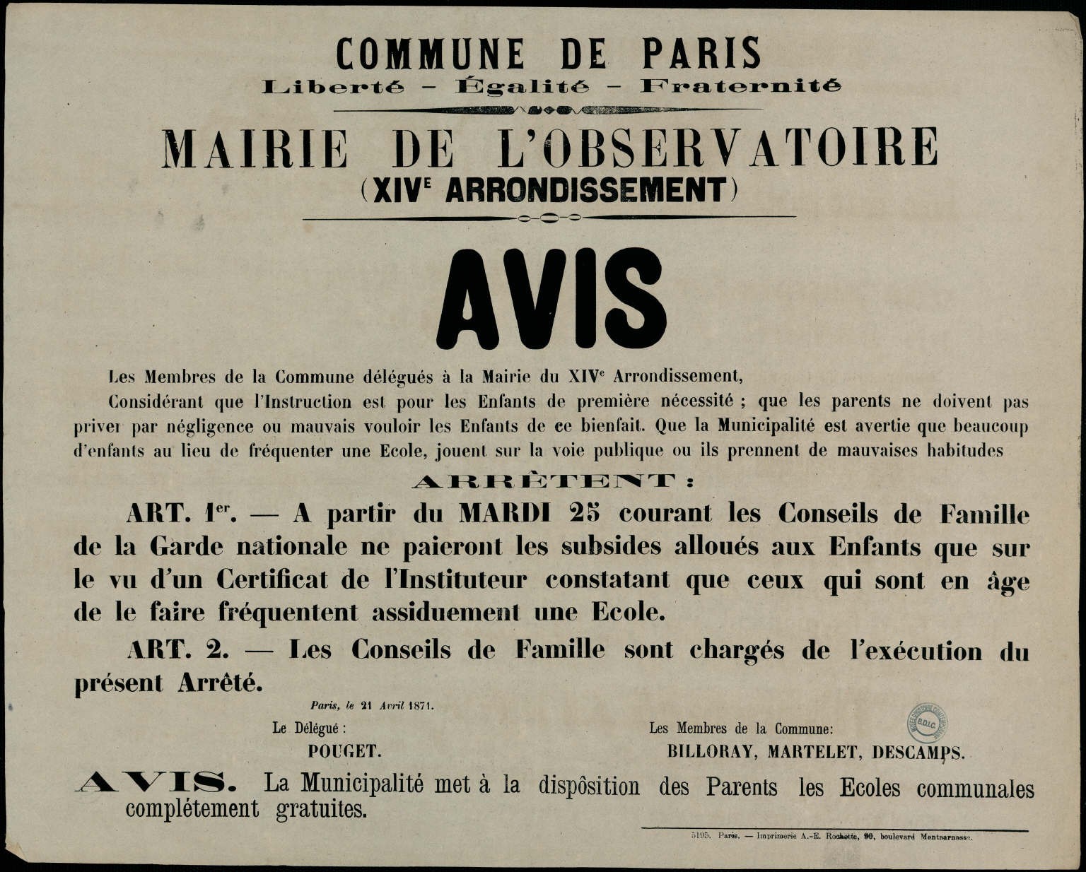 Affiche de la Commune de Paris du 21 avril 1871 - Paris XIVème Avis aux parents (Source : argonnaute.parisnanterre.fr)