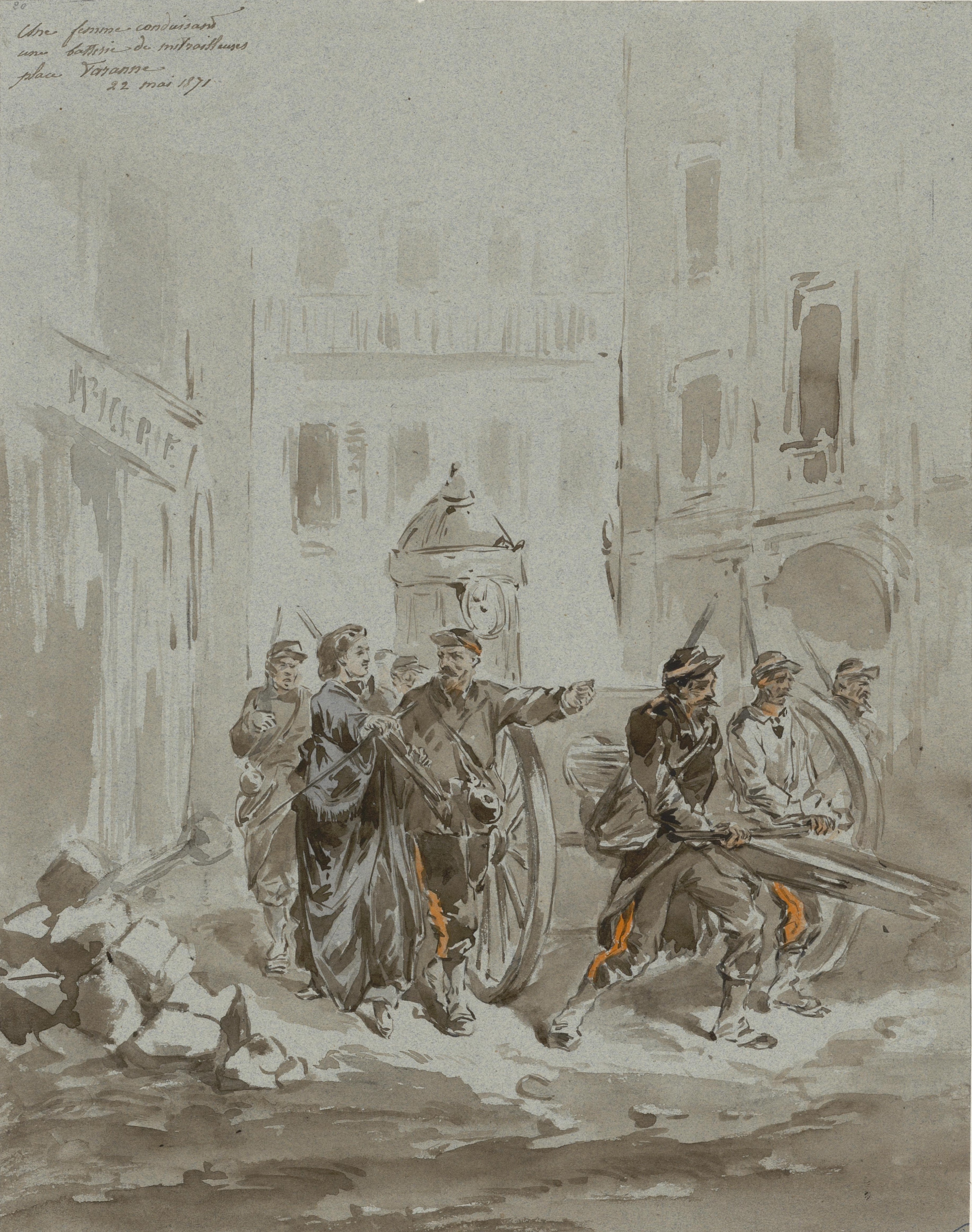 22 mai 1871 - Femme conduisant une mitrailleuse place Taranne, Paris VIe - Dessin de Sahib (Le Monde Illustré)
