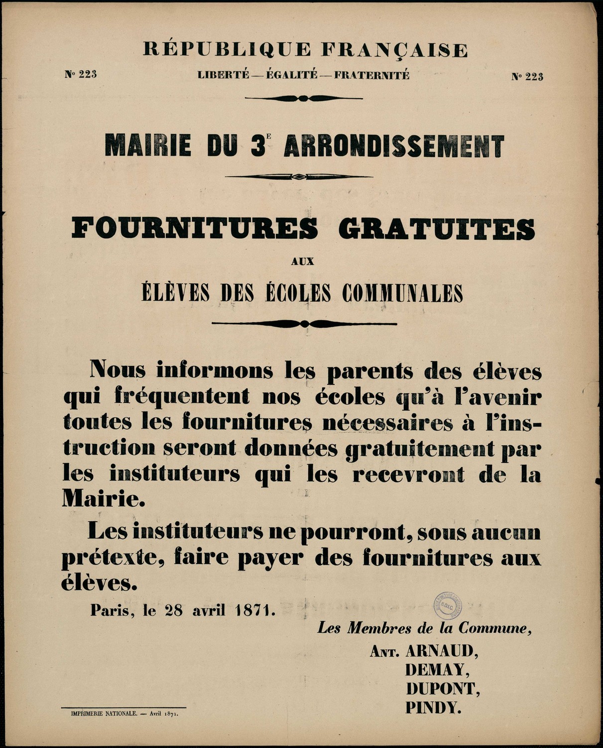 Affiche de la Commune de Paris concernant l'enseignement N° 223 du 28 avril 1871 - fournitures gratuites dans les écoles de Paris 3ème