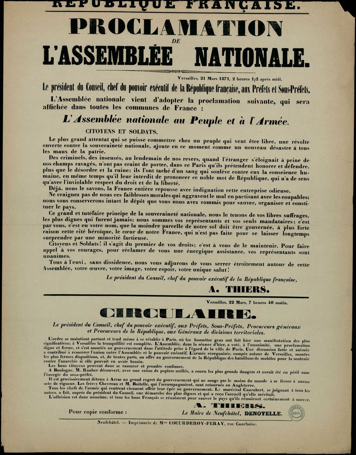 Affiche de Versailles signée Thiers du  22 mars 1871 (source : La Contemporaine – Nanterre / argonnaute.parisnanterre.fr)