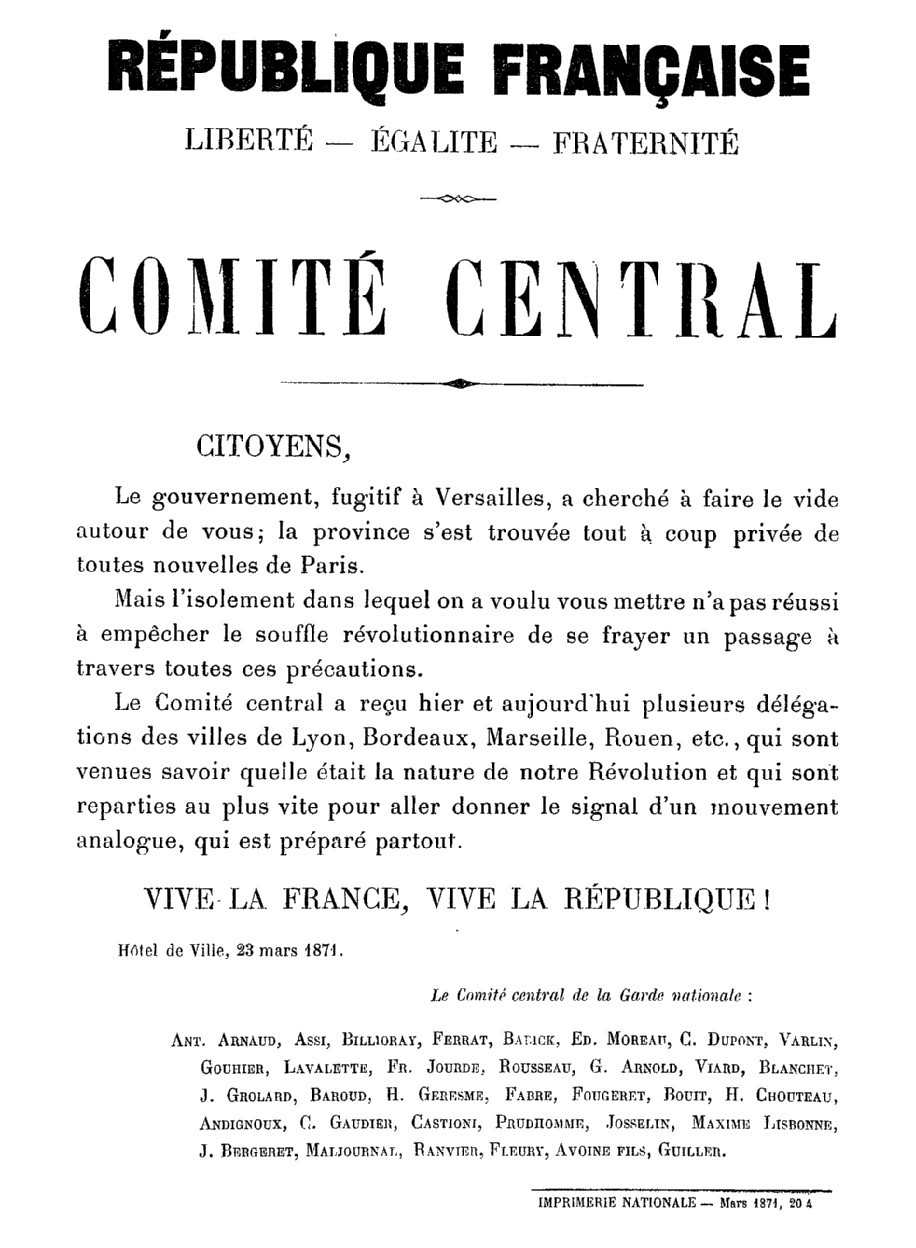 Affiche du Comité central de la Garde nationale annonçant la venue de délégations de plusieurs villes de France à l’Hôtel de Ville de Paris (23 mars 1871