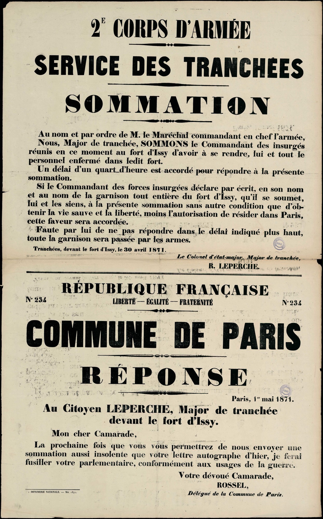 Affiche de la Commune de Paris N°234 du 1er mai 1871, en réponse à la sommation des versaillais (30 avril) aux insurgés du fort d’Issy  de se rendre. (source : La Contemporaine – Nanterre / argonnaute.parisnanterre.fr)