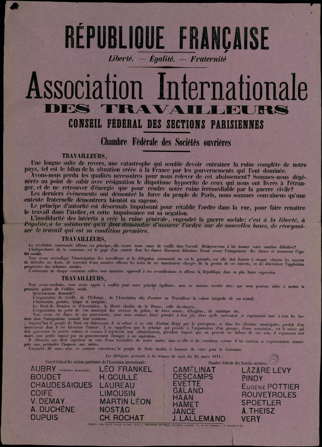 Affiche de l’Association Internationale des Travailleurs du 23 mars 1871 appelant les travailleurs à voter pour la Commune le 26 mars 1871.