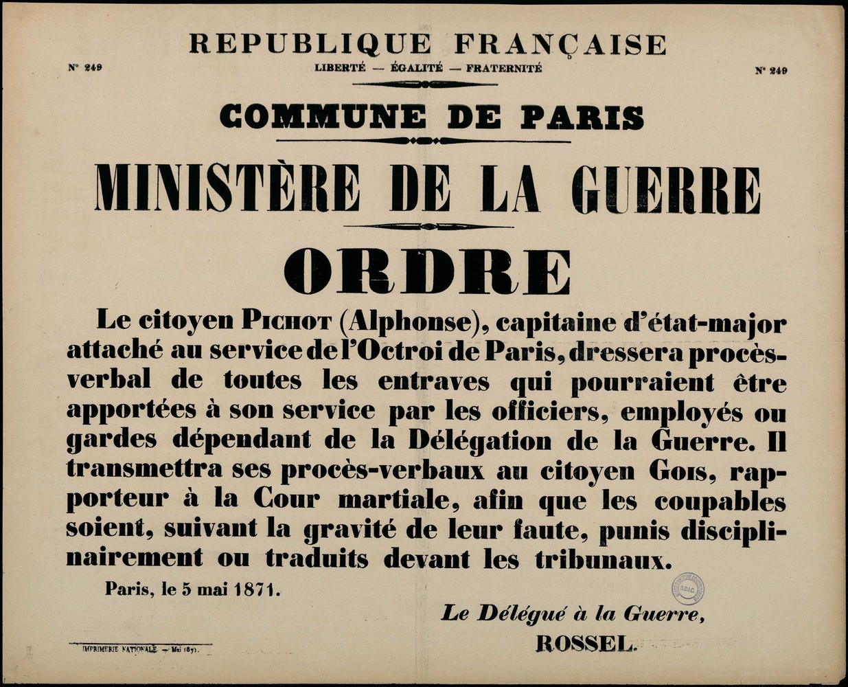 Affiche de la Commune de Paris N° 249 du 5 mai 1871 - Ordre du Délégué à la Guerre Rossel