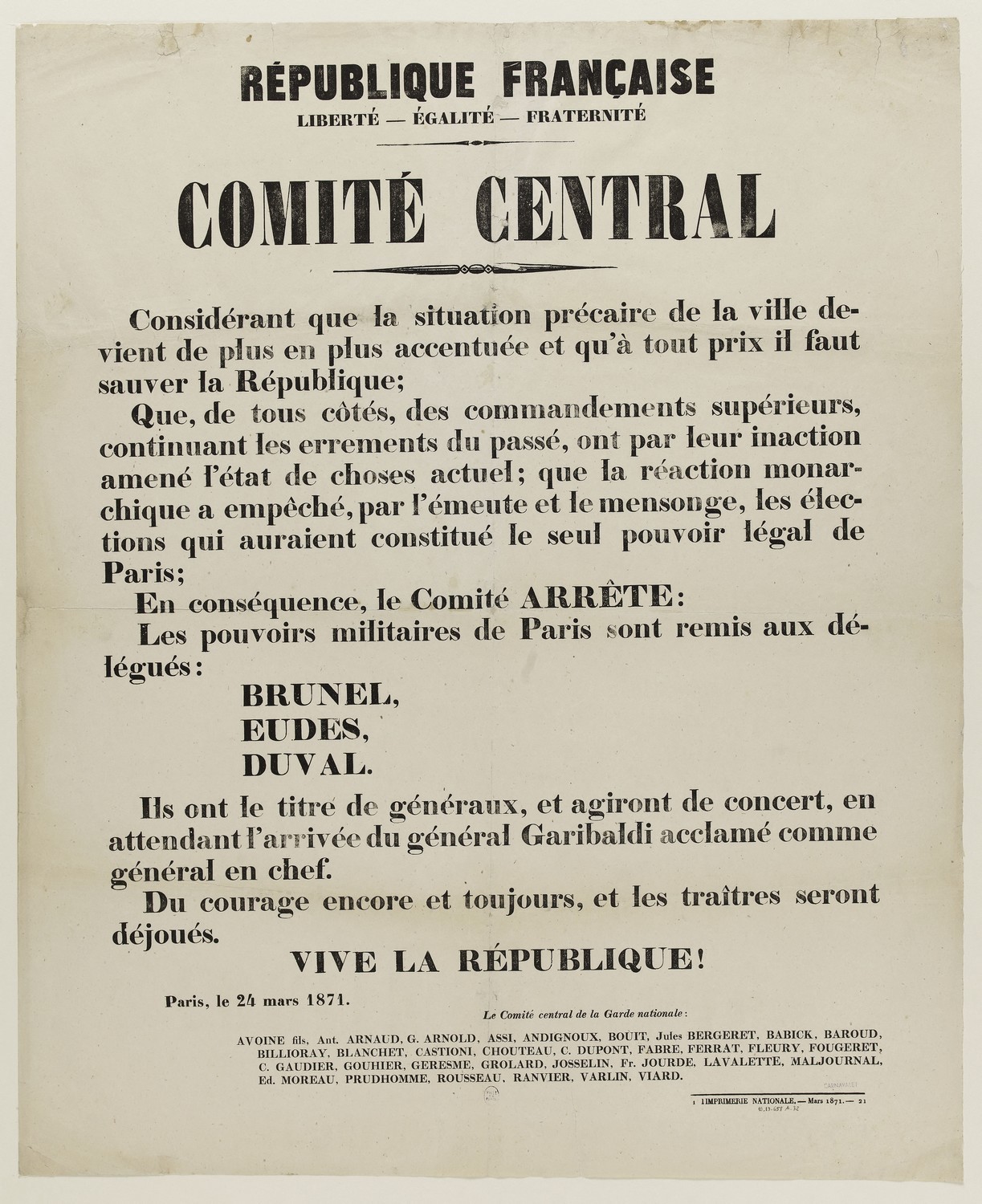 Affiche de la Commune de Paris du 24 mars 1871 - Nomination de Brunel, Eudes et Duval ((source : La Contemporaine – Nanterre / argonnaute.parisnanterre.fr)