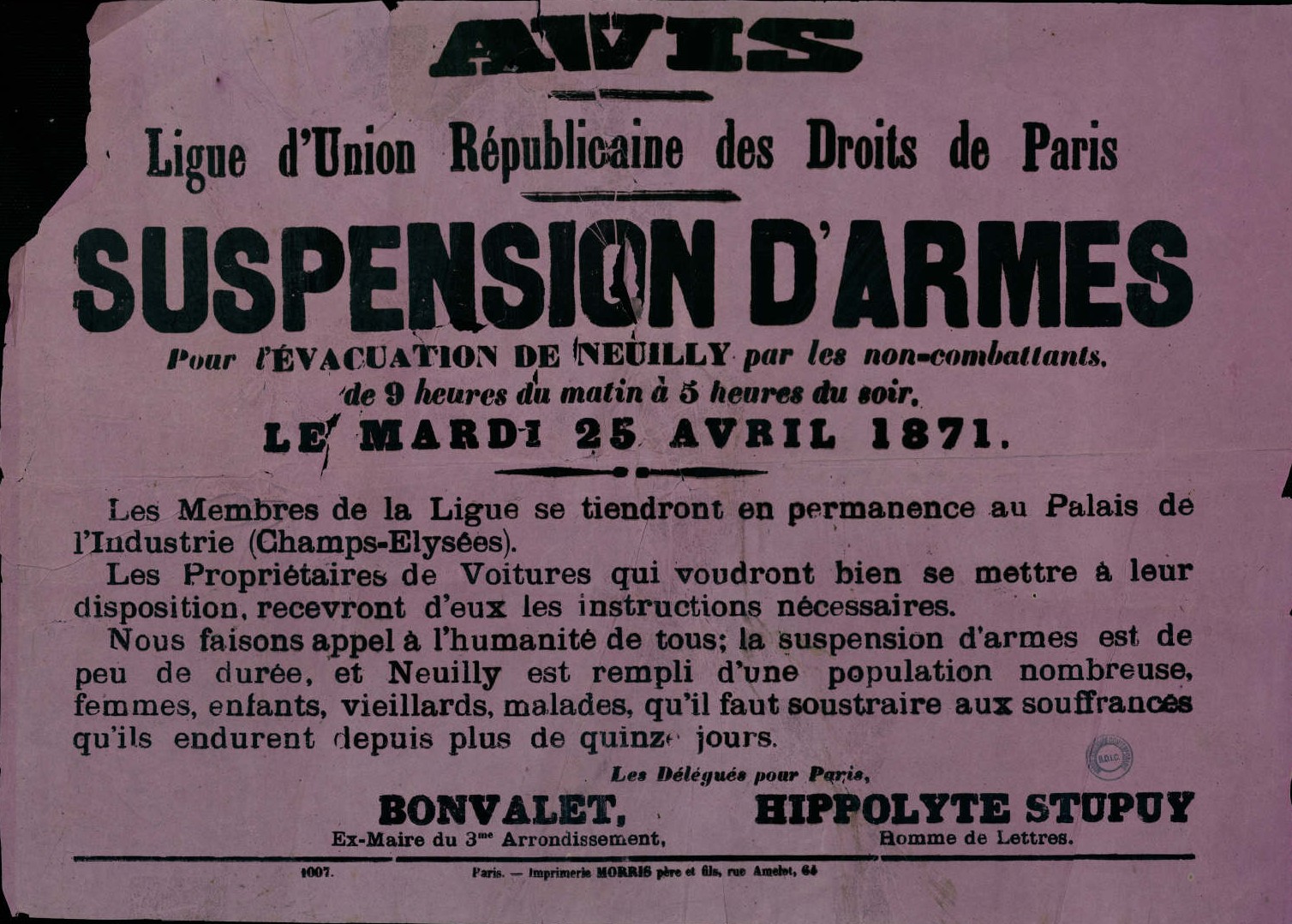 Affiche de la Commune de Paris du 25 avril 1871 - Suspension d'armes pour l'évacuation des non combattants. (Source : argonnaute.parisnanterre.fr)