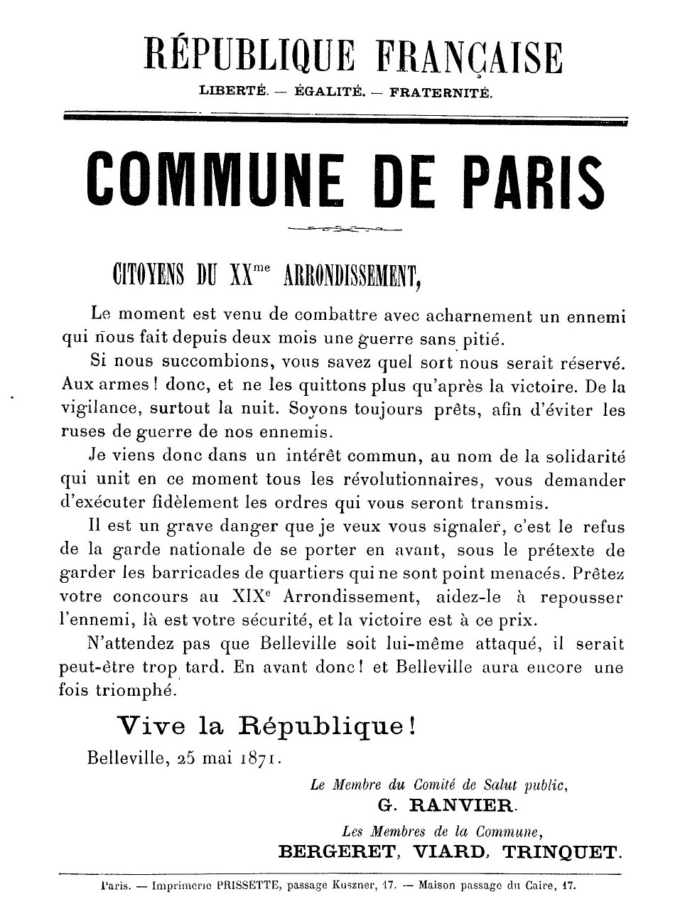 Dernière affiche de la Commune de Paris du 25 mai 1871 - Ranvier Paris 20ème (argonnaute.parisnanterre.fr)