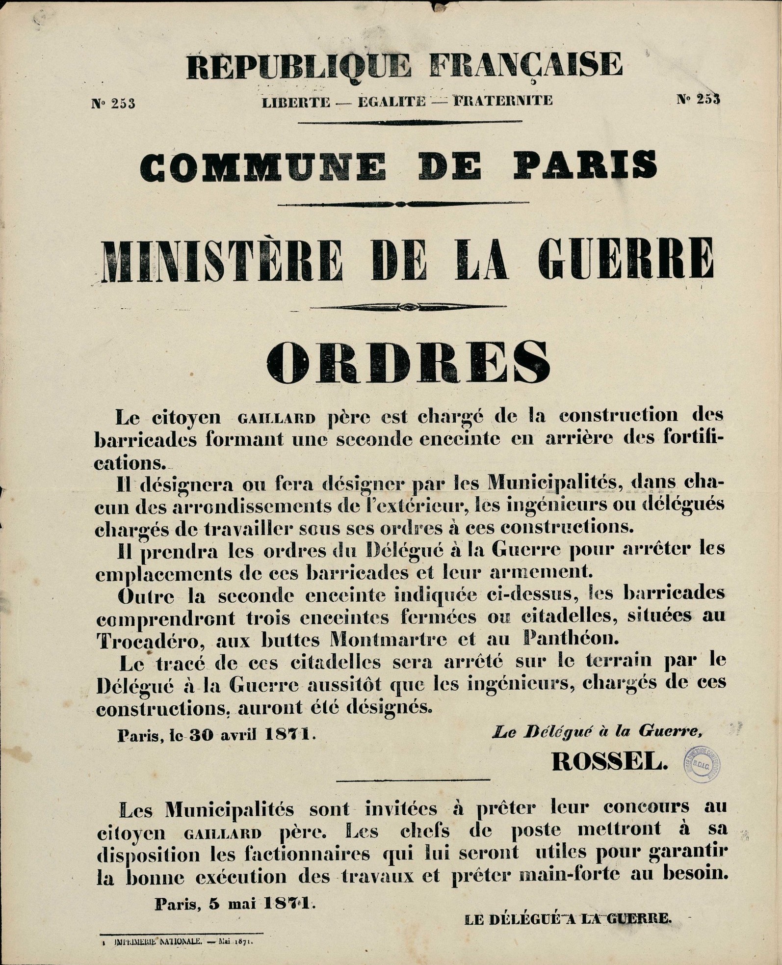 Affiche de la Commune de Paris n° 253 du 30 avril et 1er mai 1871 - Ordres de Rossel concernant Gaillard Père