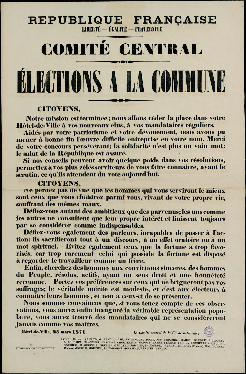 Affiche de la Commune de Paris du 25 mars 1871 du Comité central de la Garde nationale (signée par Rousseau) (source : La Contemporaine – Nanterre / argonnaute.parisnanterre.fr)